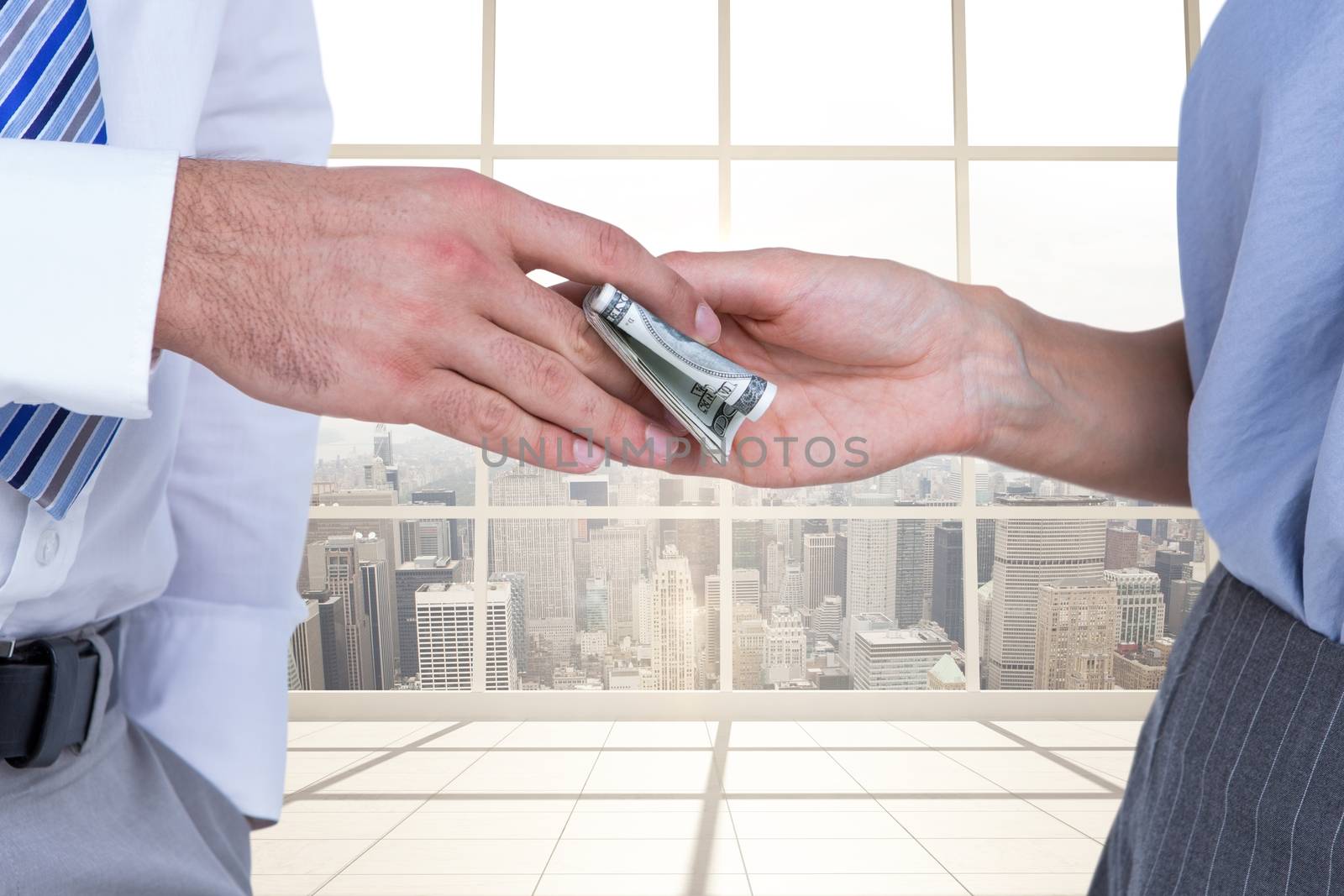 Business people exchanging money against city background