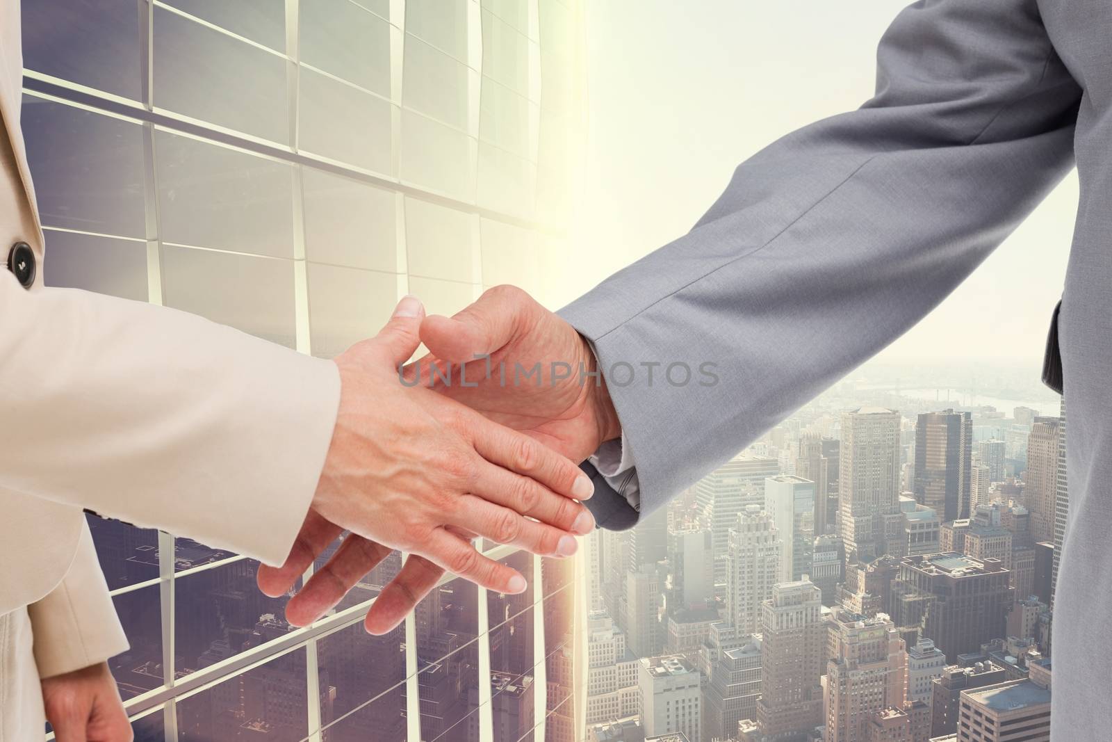 Business people doing a handshake against city background