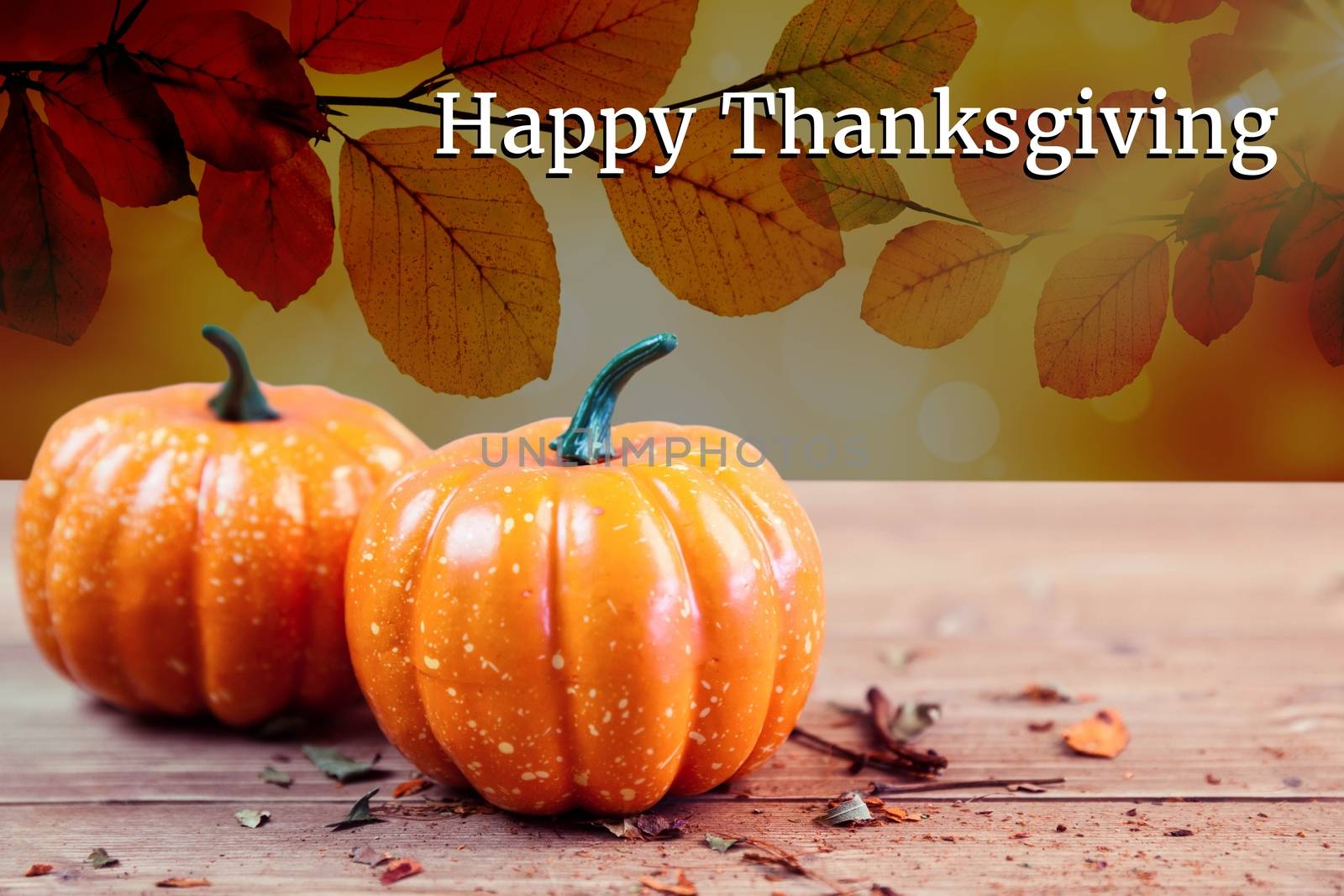 Digital Composite of Thanksgiving Message and Pumpkins on Autumn Background Design