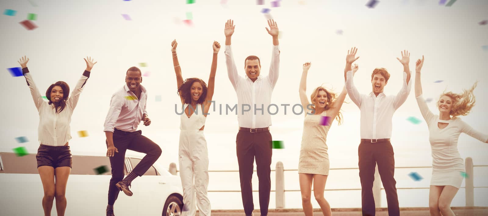 Composite image of well dressed people jumping next to limousine by Wavebreakmedia