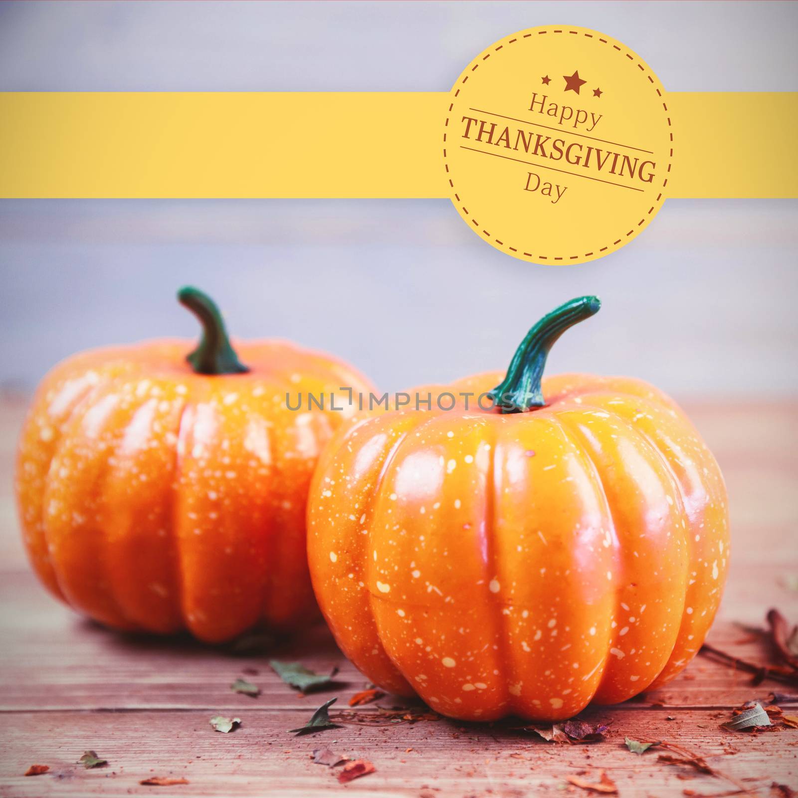 Happy thanksgiving against two pumpkins on table