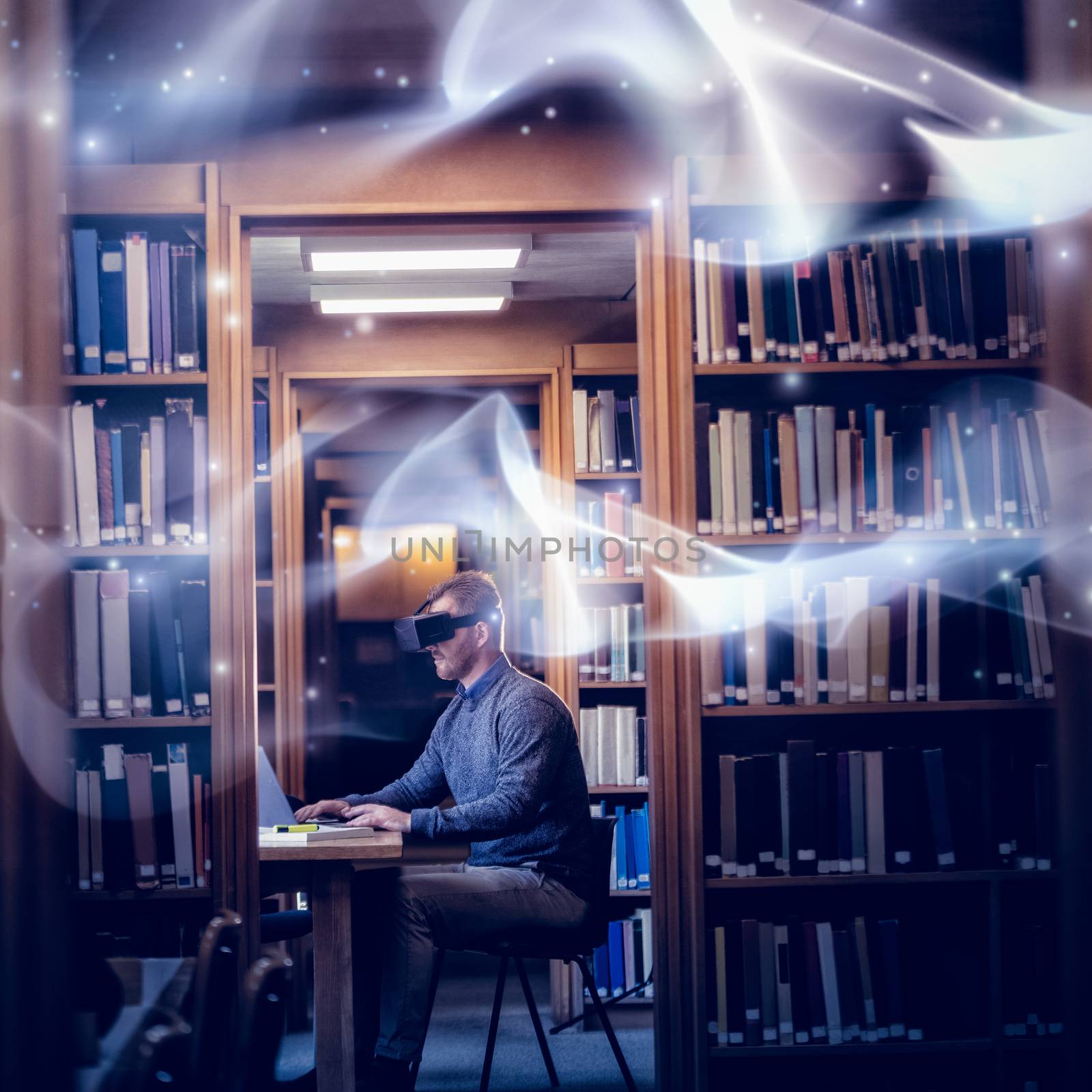 Abstract glowing black background against mature student in virtual reality headset using laptop