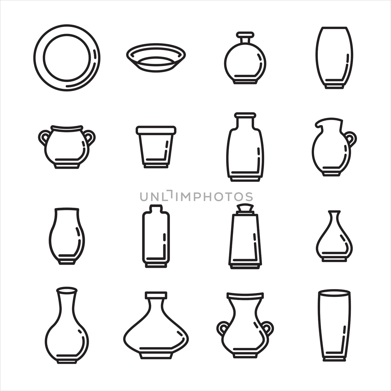 Vector icon set of various kitchenware on white background