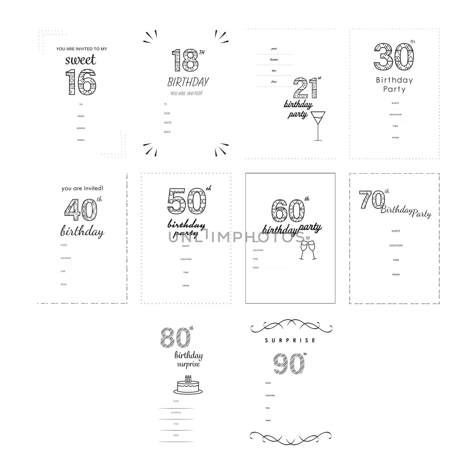 Vector icon set for invitation cards with age on white background