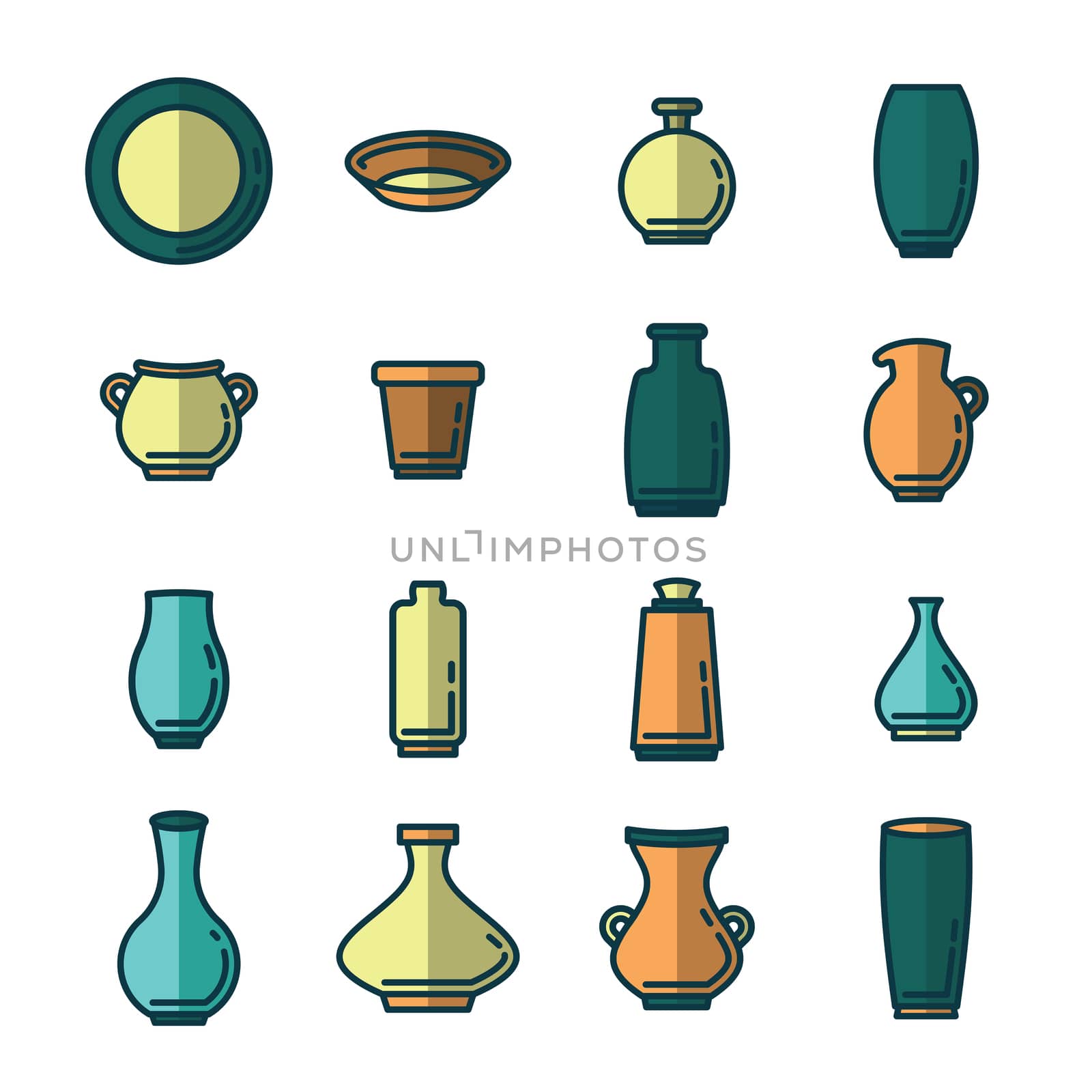 Vector icon set of various kitchenware on white background