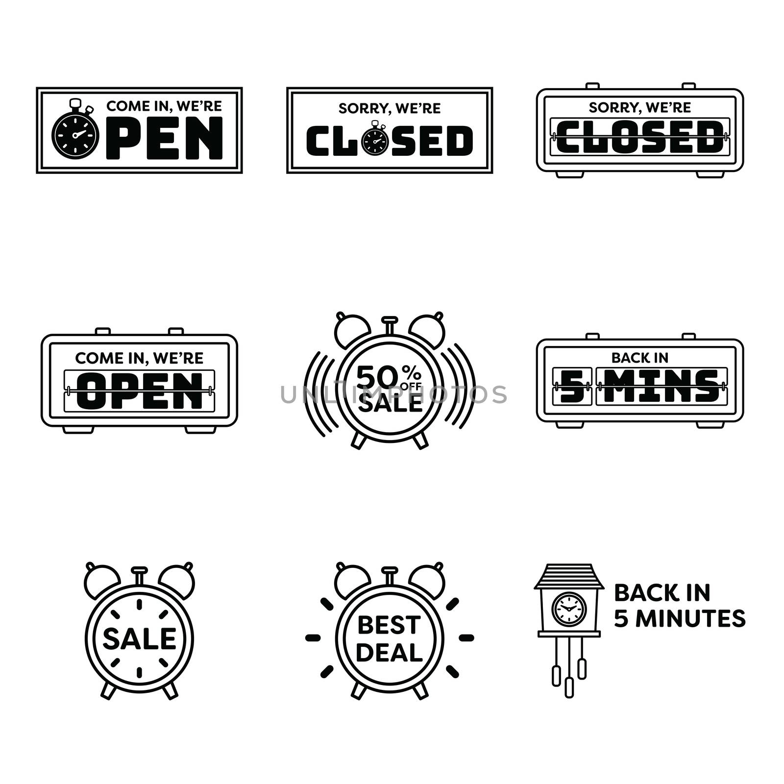 Vector icon set of various clock on white background