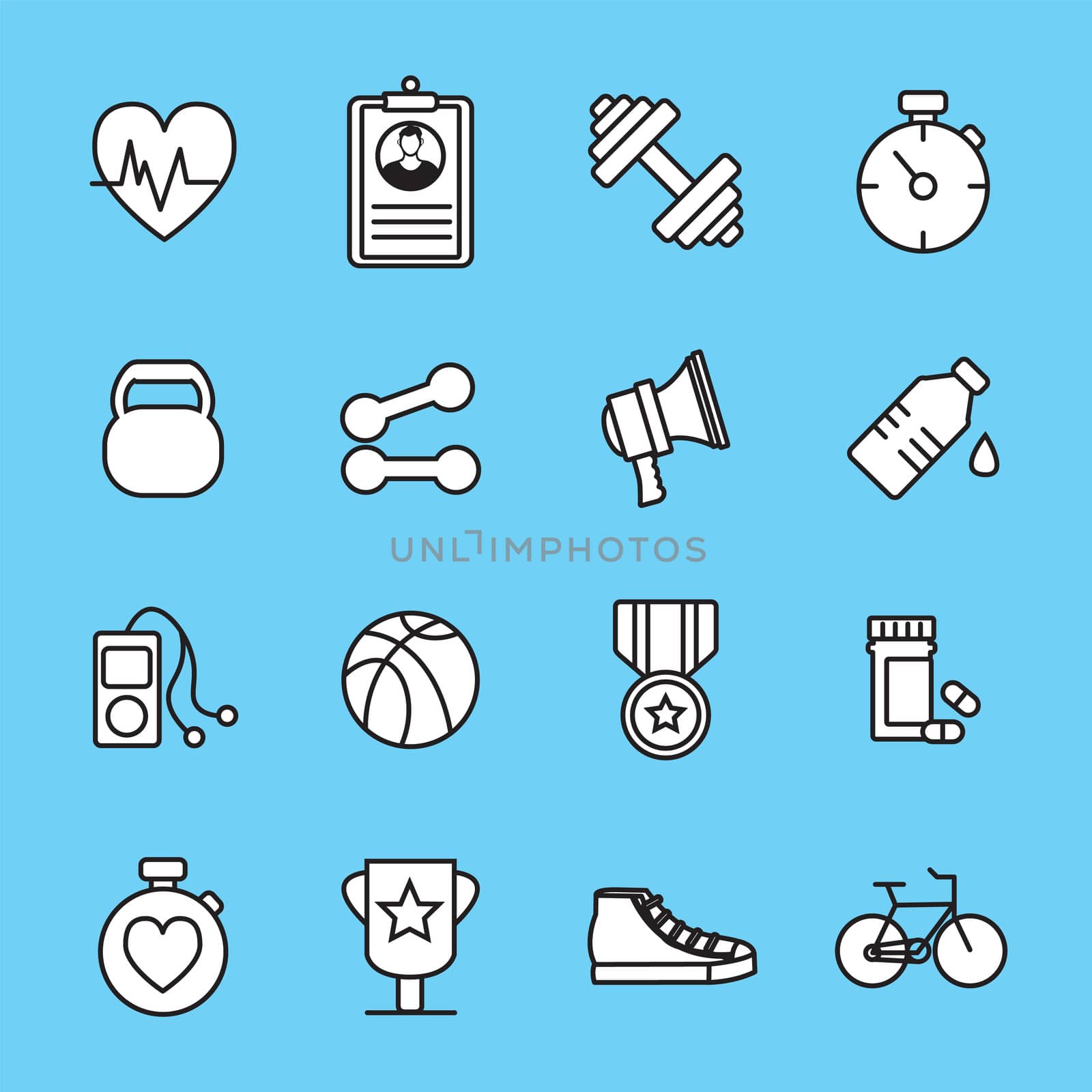 Vector icon set of fitness equipment on white background