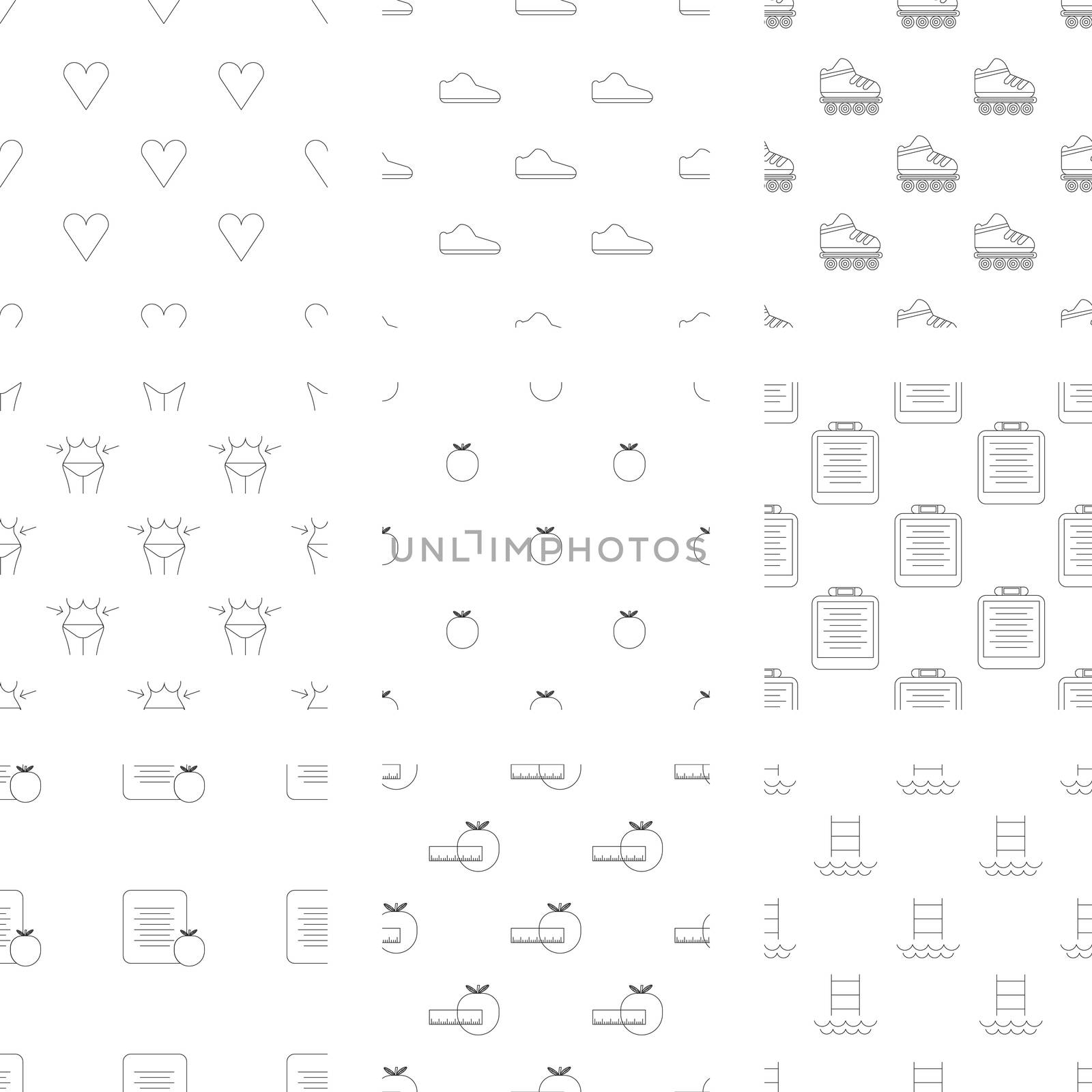 Vector icon set of fitness and health on white background