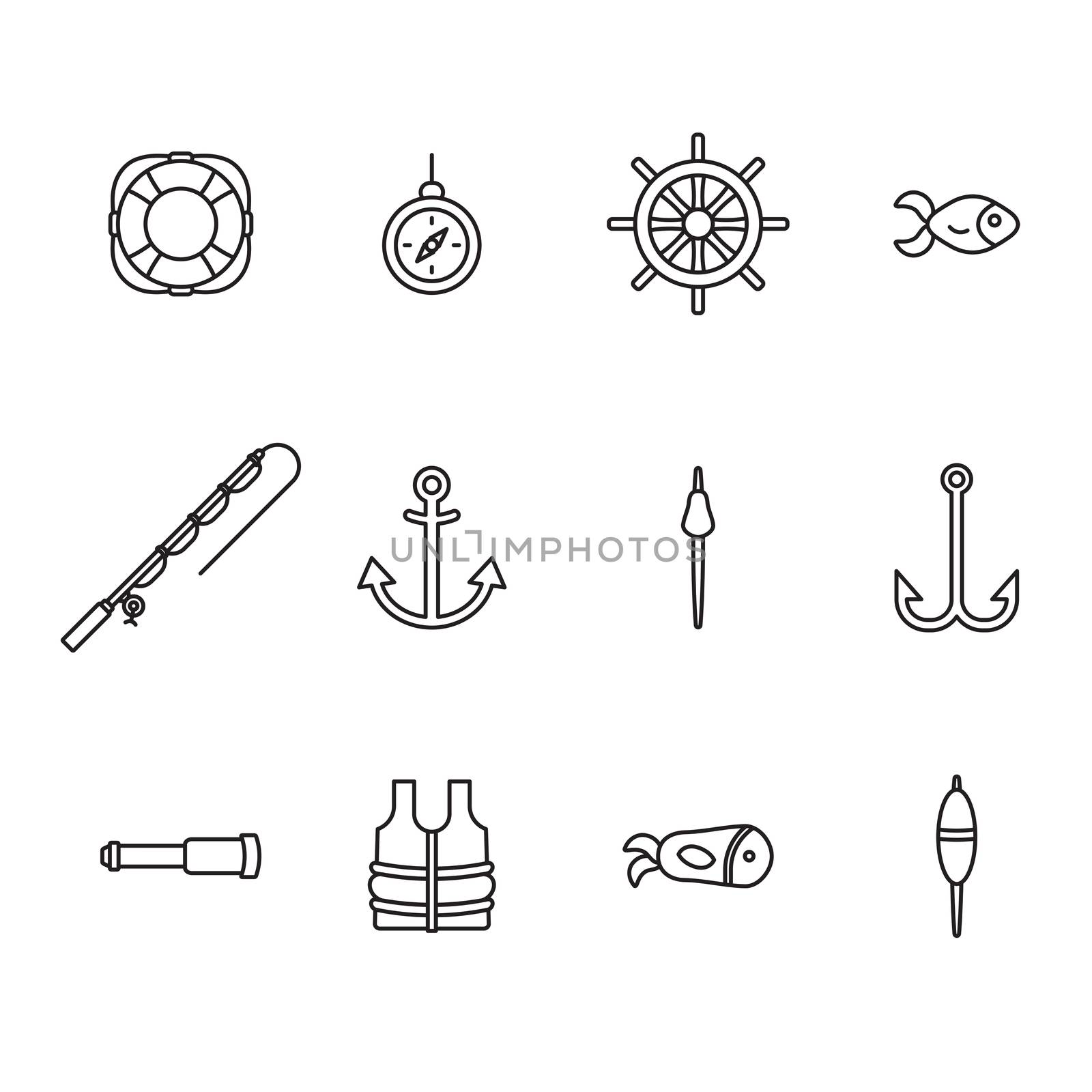 Vector icon set for fishing equipments on white background