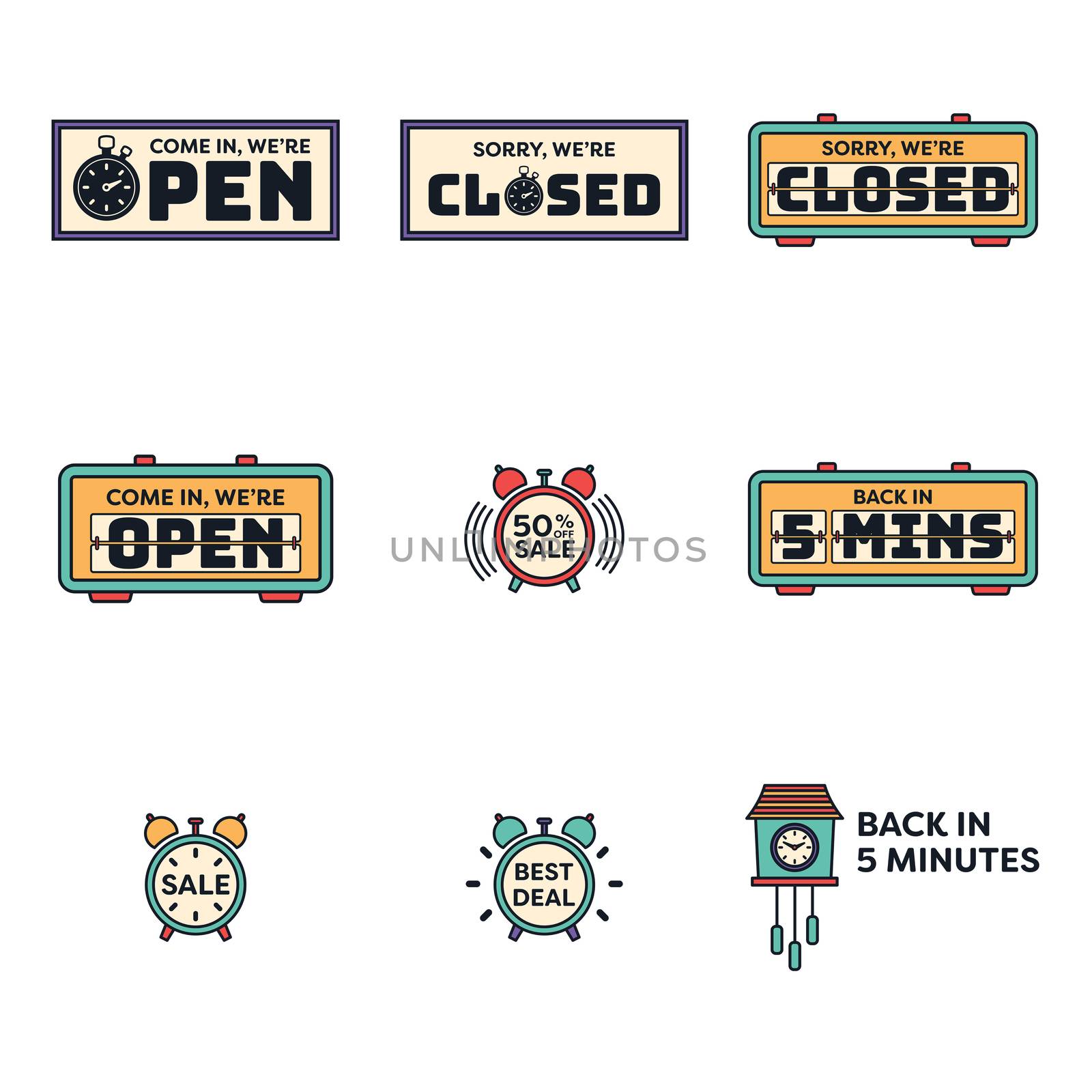 Vector icon set of various clock on white background