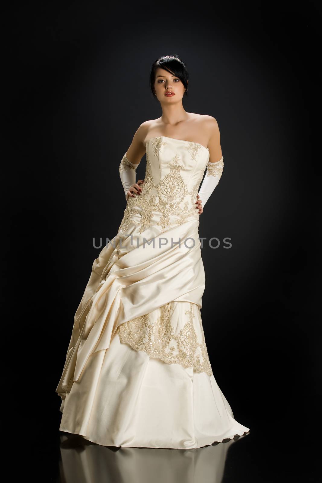 Young beautiful woman in a wedding dress on a studio background