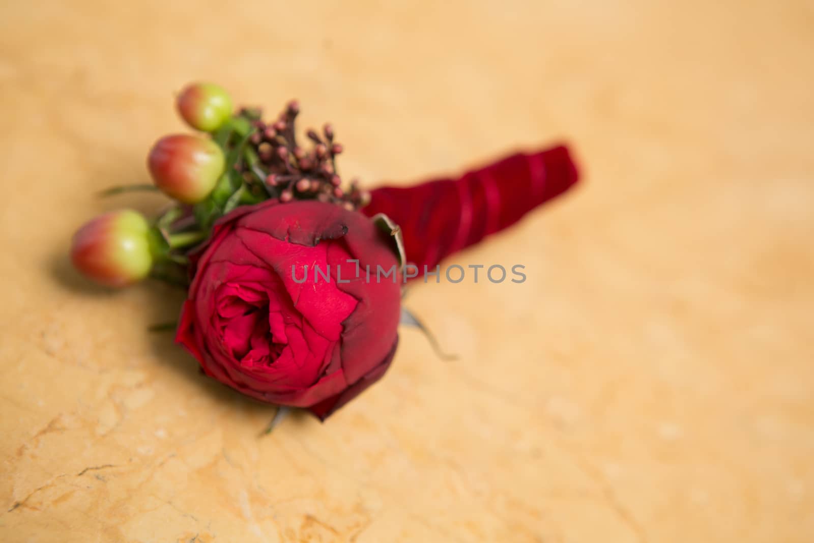 Boutonniere of the groom of fresh flowers with rose buds in red colors with greens with a red ribbon by sarymsakov