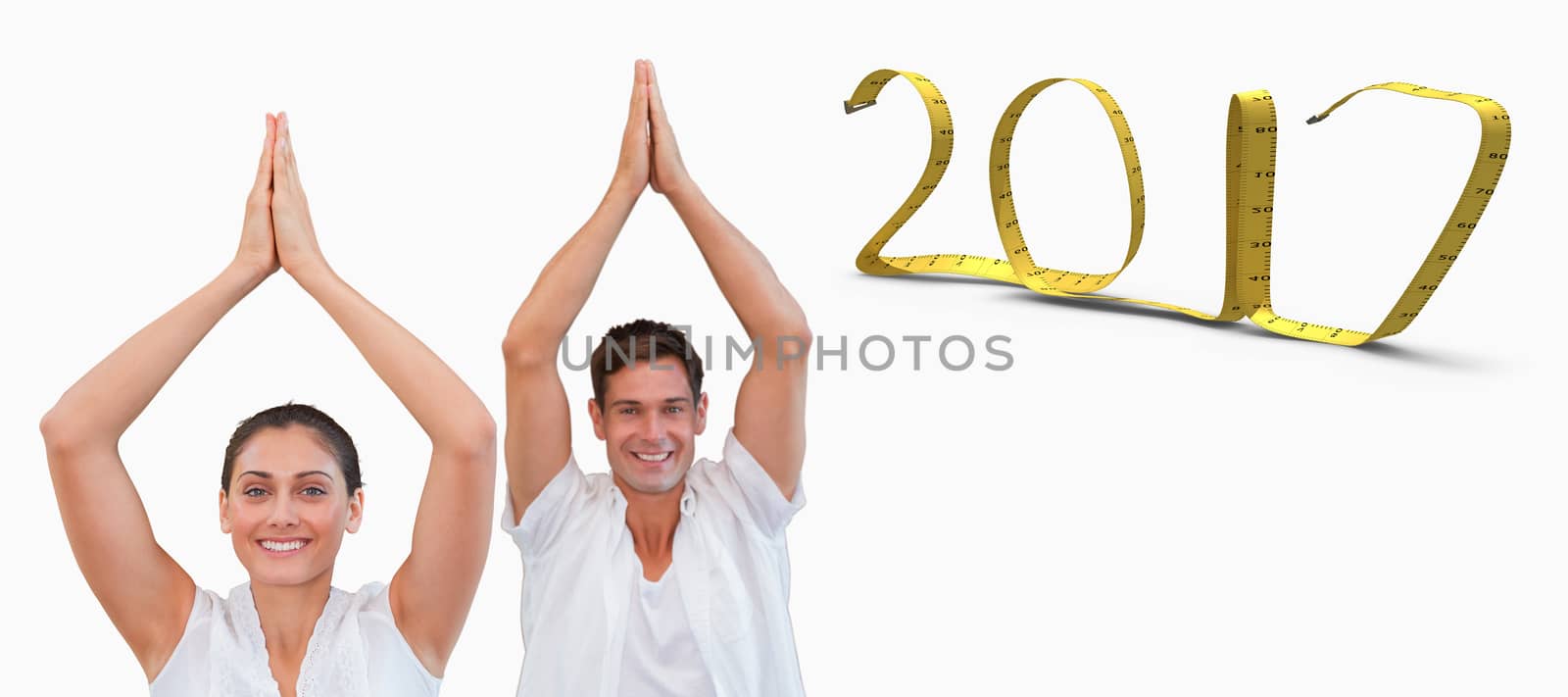 Peaceful couple in white doing yoga together with hands raised against white background with vignette 3D new year