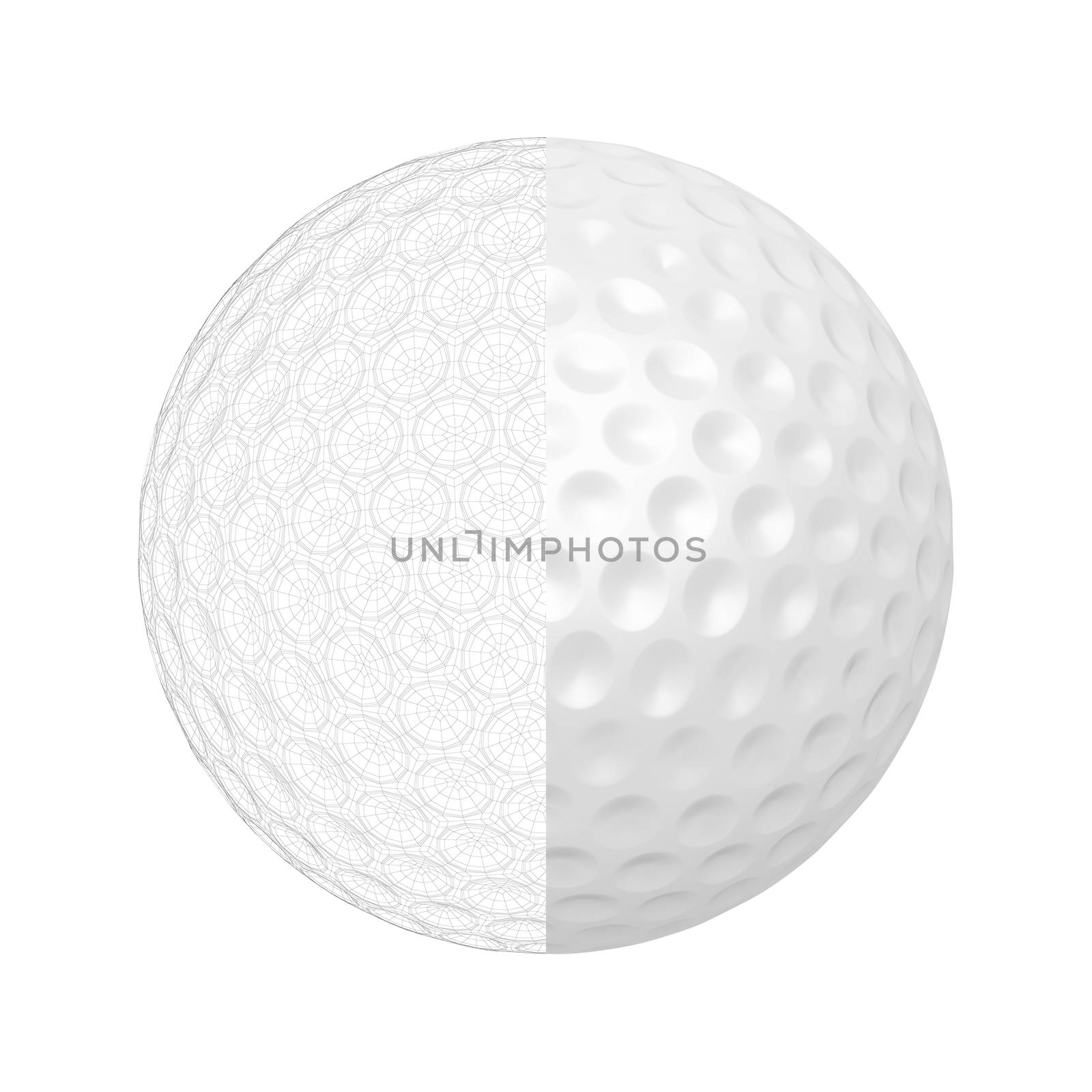 3D render of golf ball with visible wire-frame