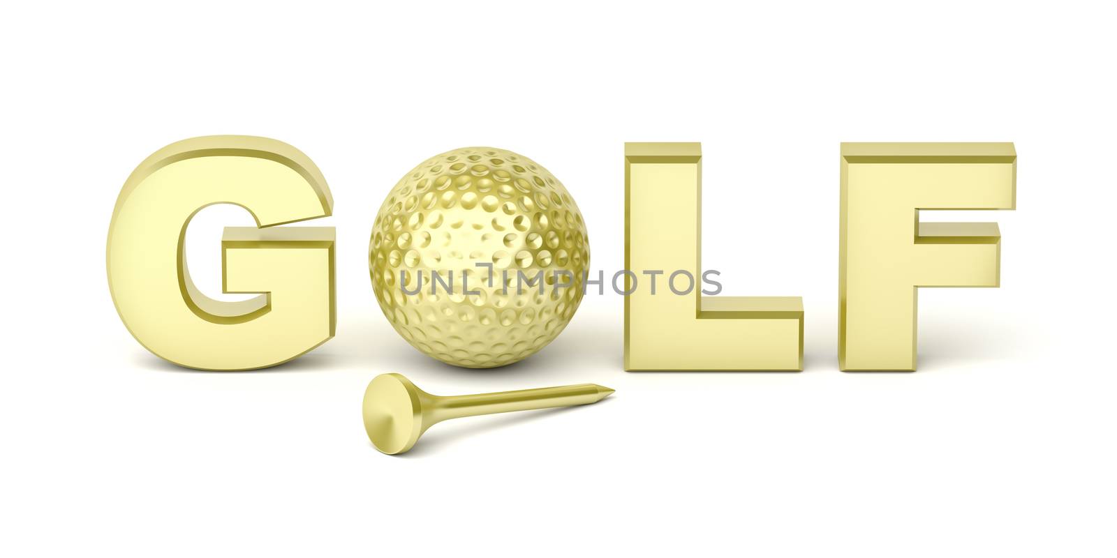 Golden golf ball and tee on white background