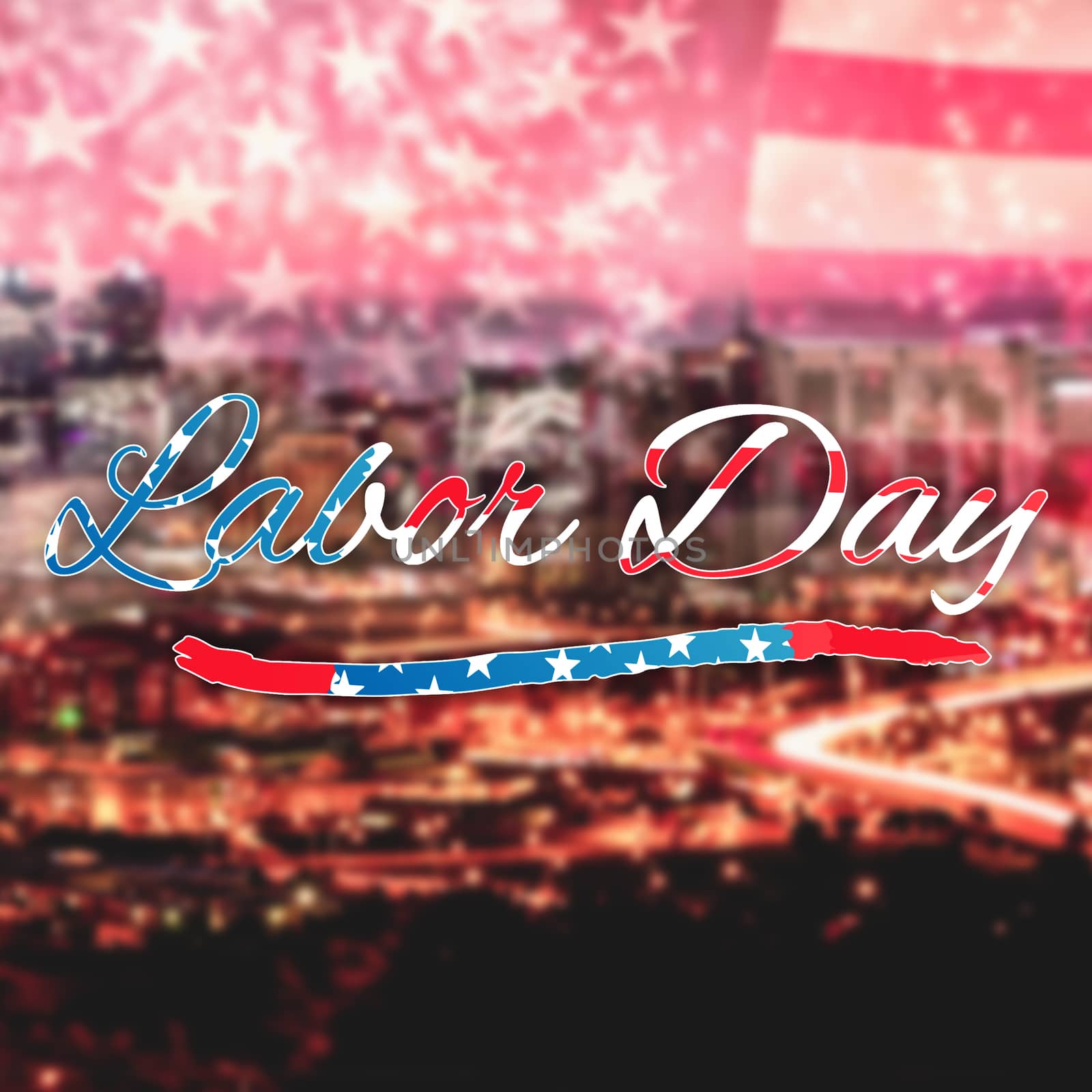 Panoramic shot of labor day text against high angle view of illuminated cityscape