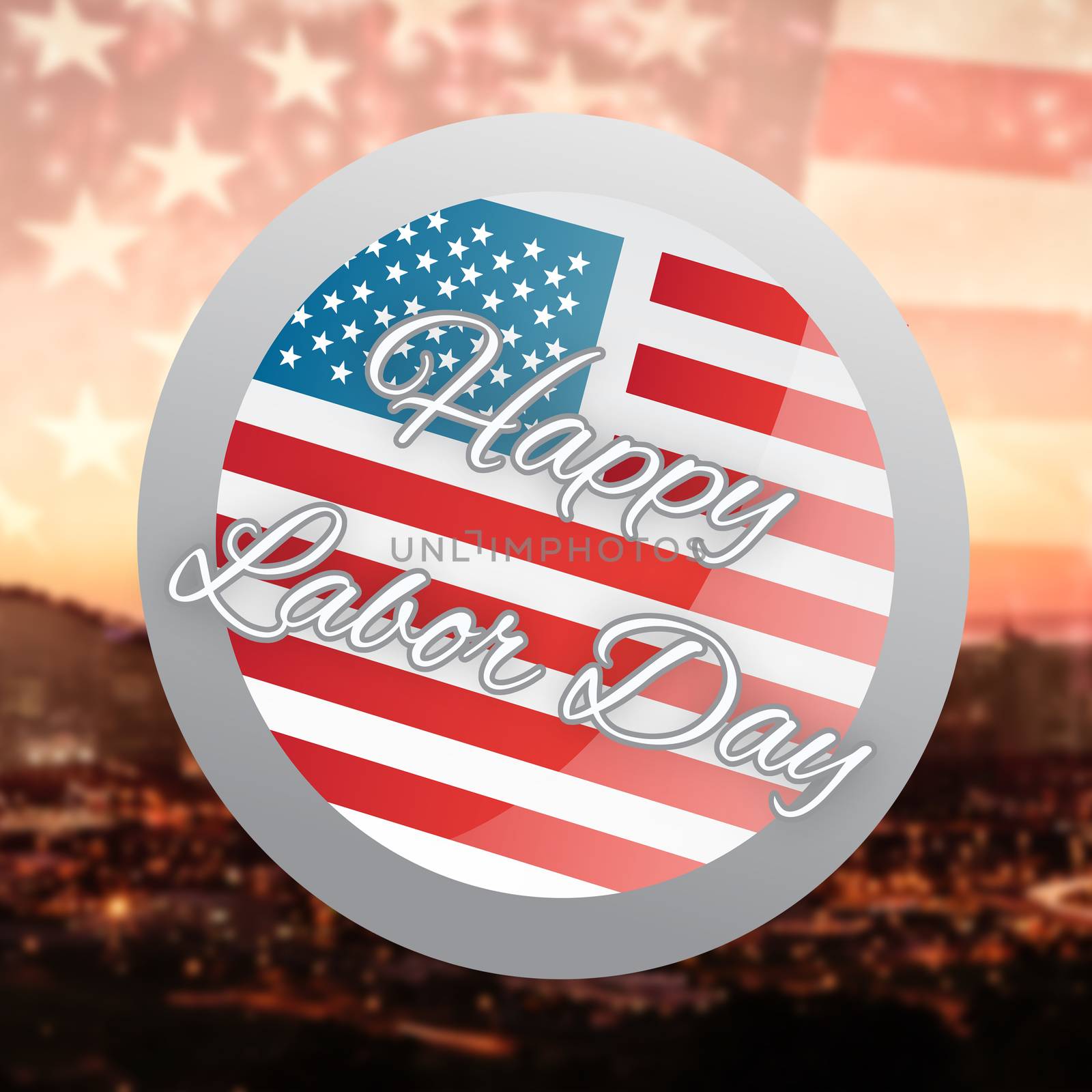 Happy labor day badge against view of the city by night