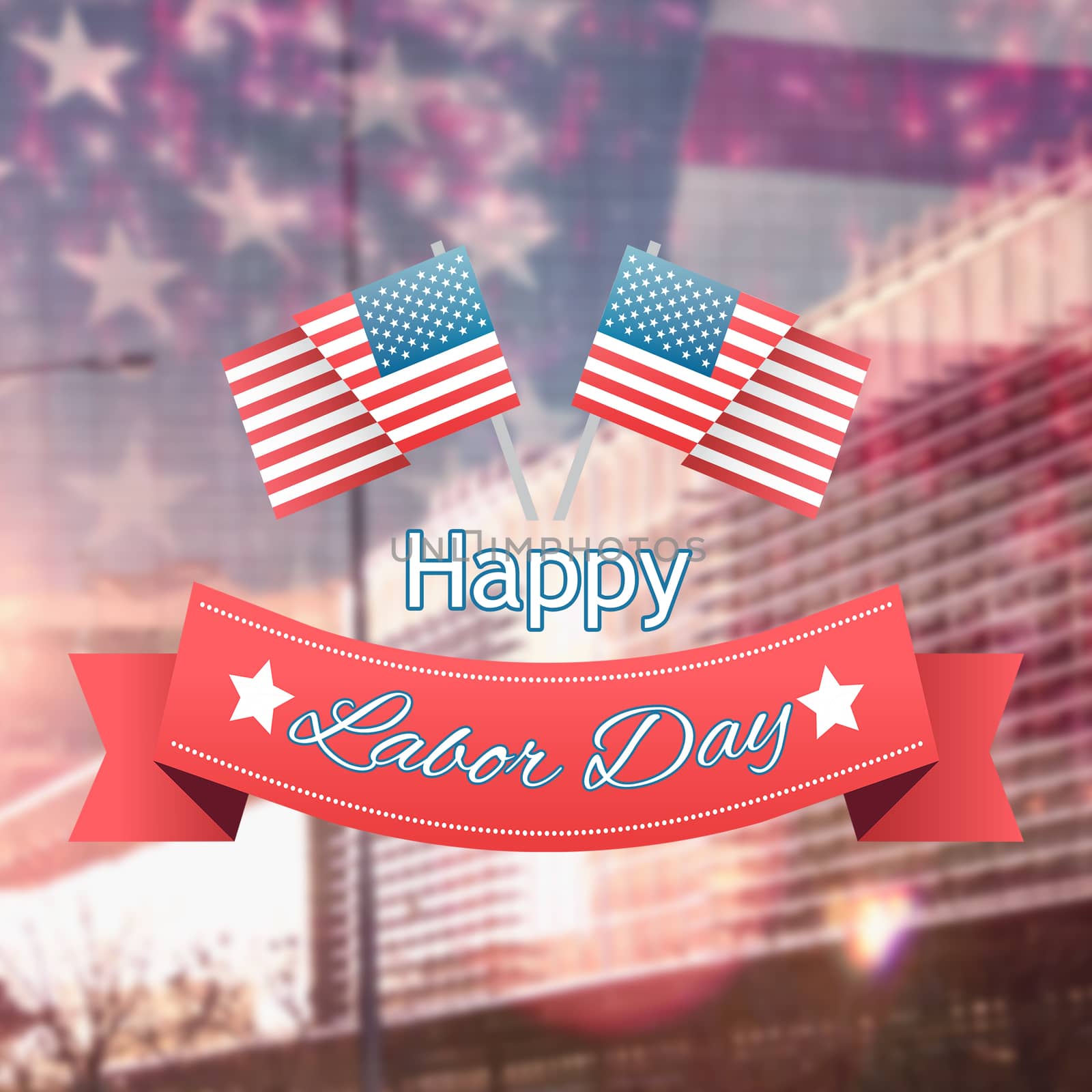 Happy labor day text badge with flags over white background