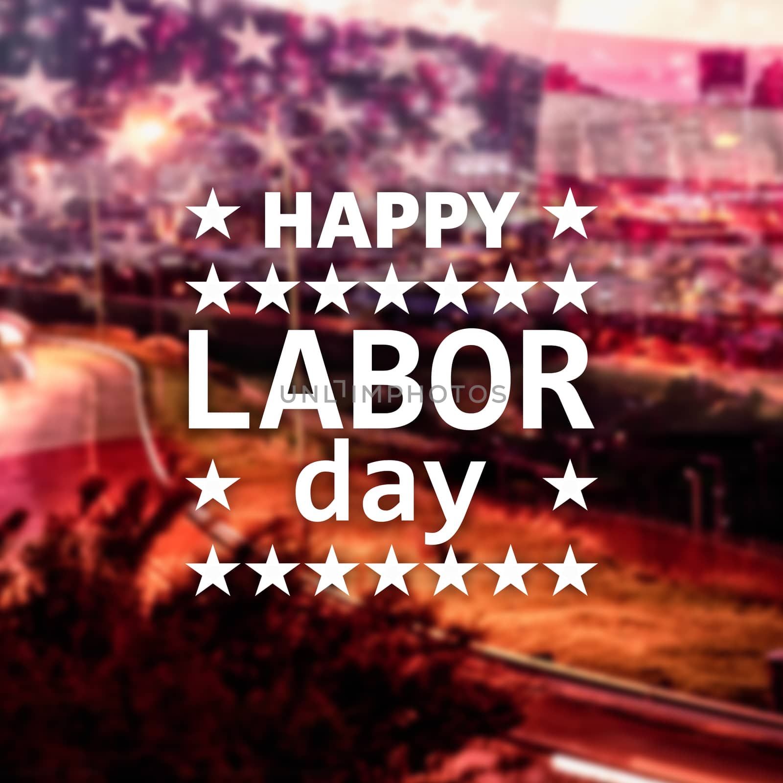 Poster of happy labor day text against illuminated city street against cityscape