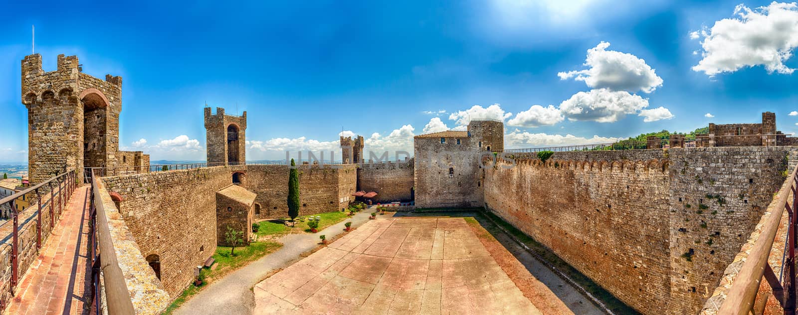 Interior panoramic view of a medieval italian fortress, iconic landmark and one of the most visited sightseeing in Montalcino, Tuscany, Italy