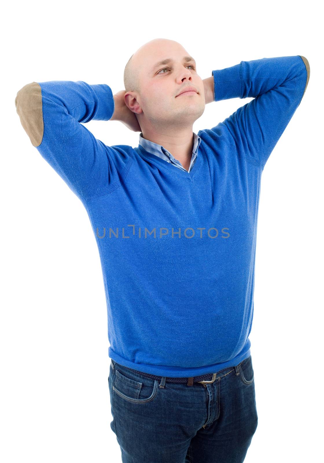 young casual man dreaming, isolated on white background