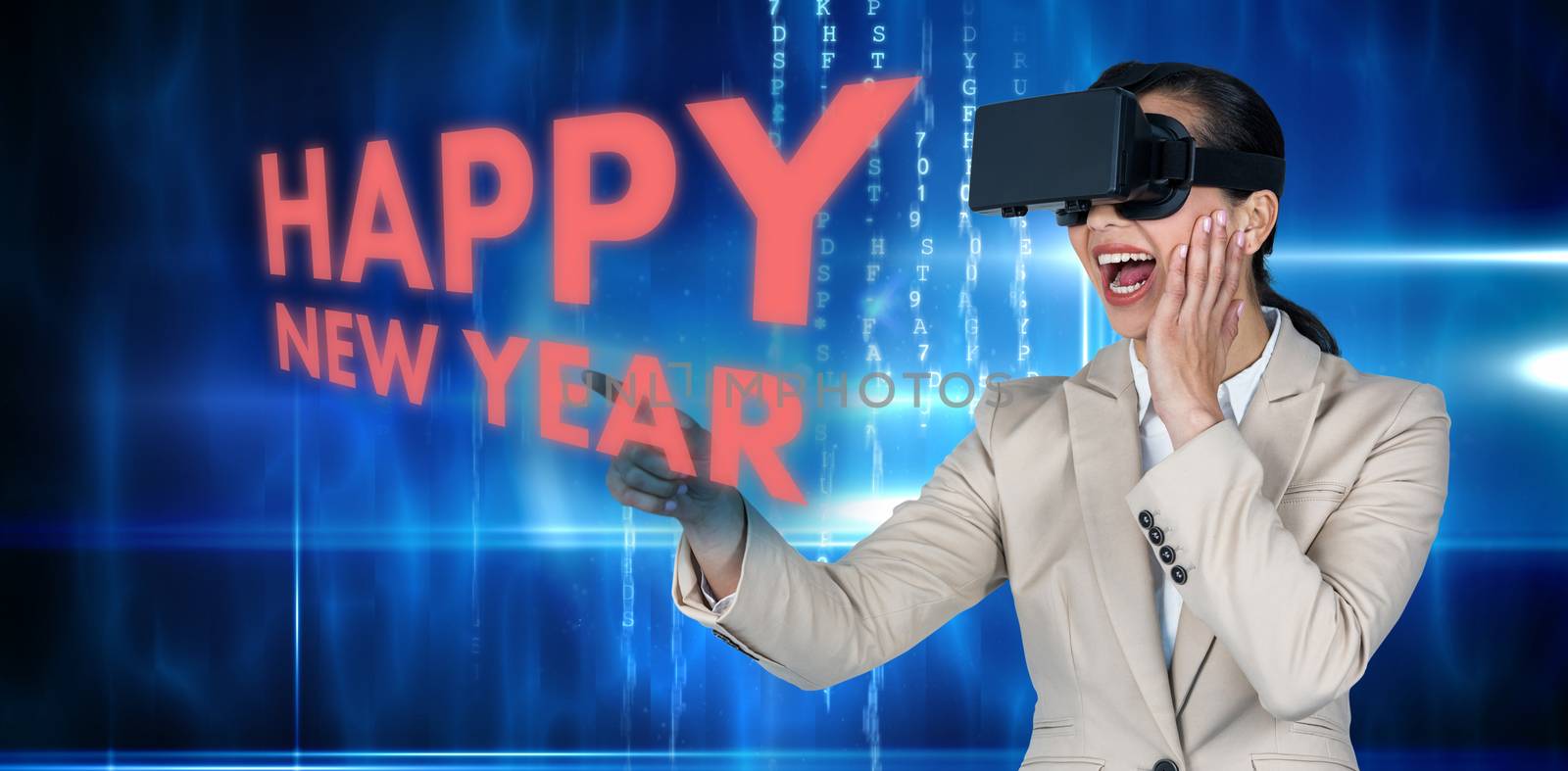 Excited businesswoman pointing while wearing virtual video glasses against blue technology design with glow
