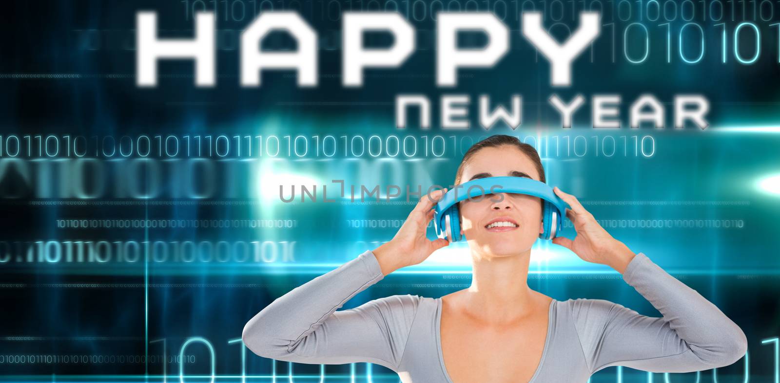 Smiling woman using virtual video glasses against blue technology design with binary code