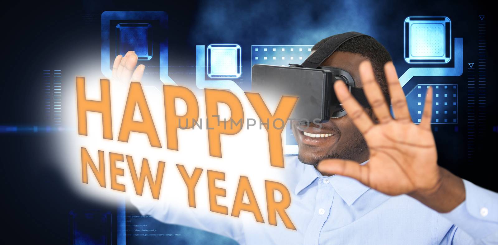 Man with virtual reality headset while gesturing against white background against abstract technology interface