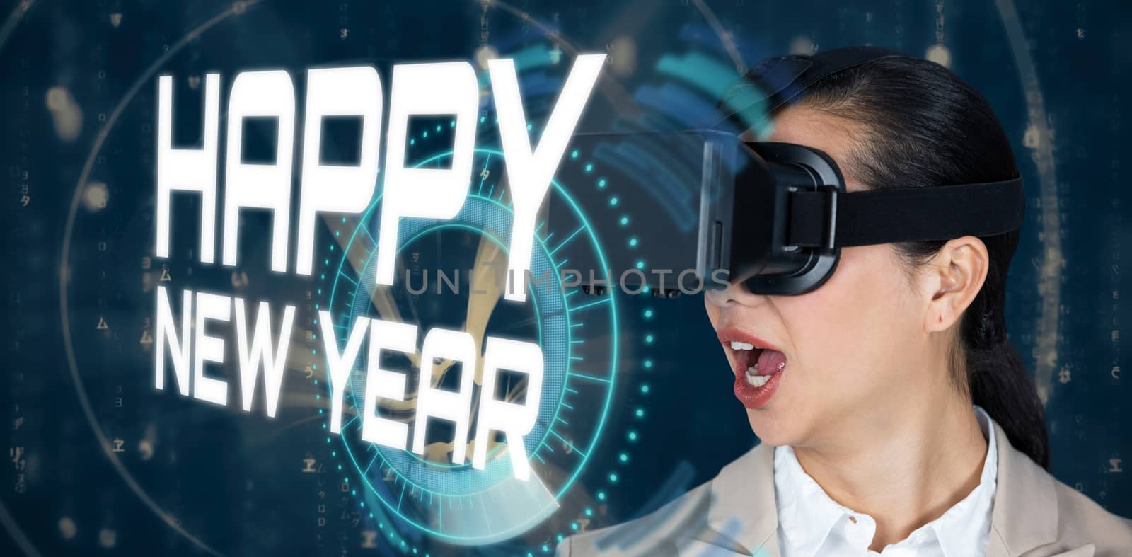 Composite image of close up of surprised businesswoman wearing virtual video glasses by Wavebreakmedia