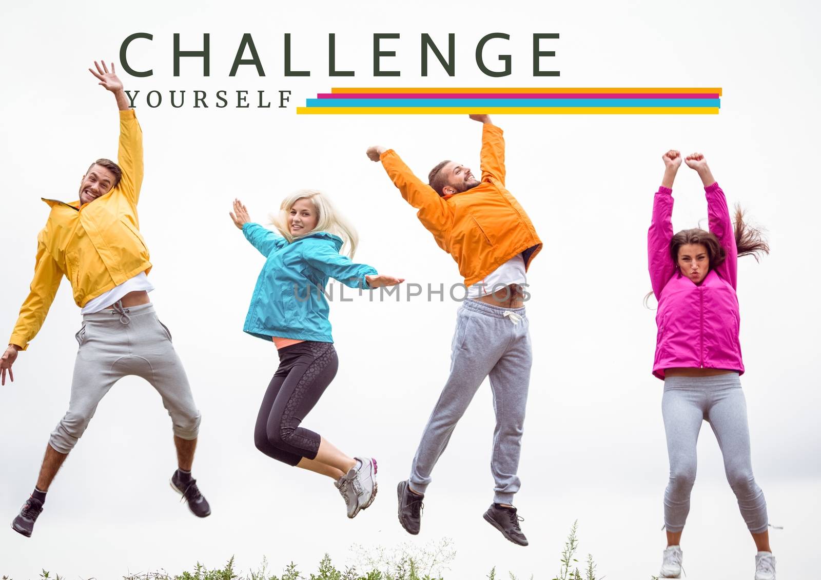 digital composite of jumping people against white background