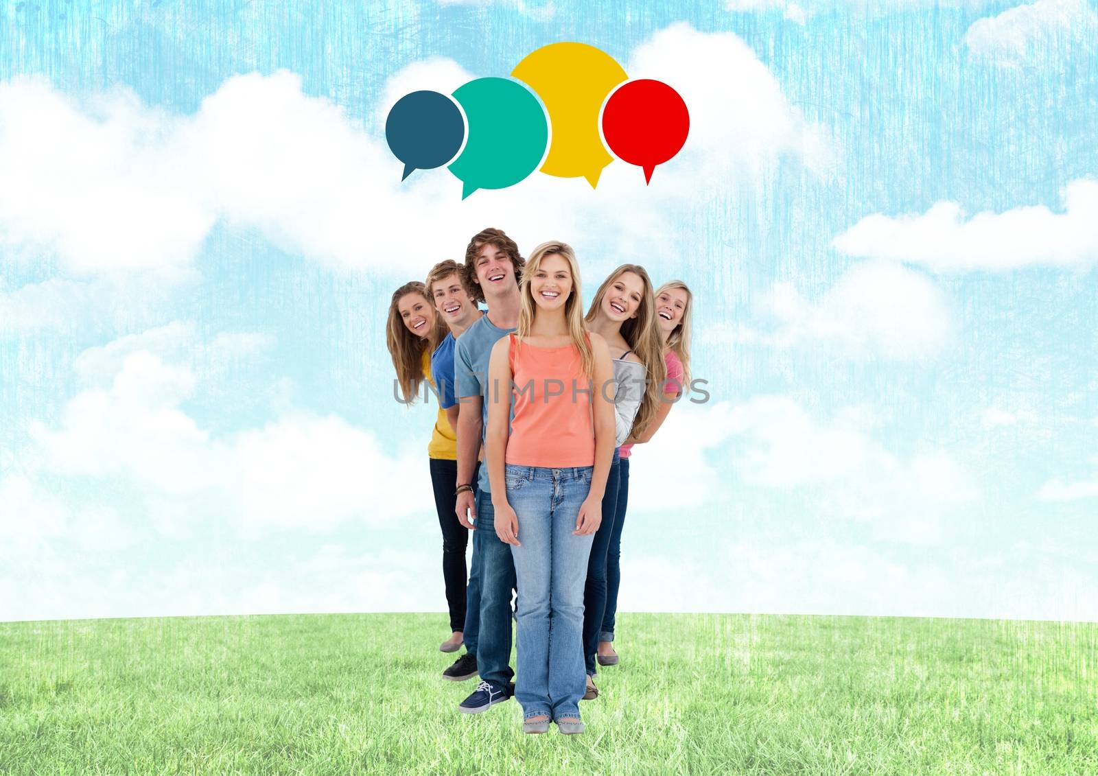 Digital composite of group of people standing behind each other on painted background