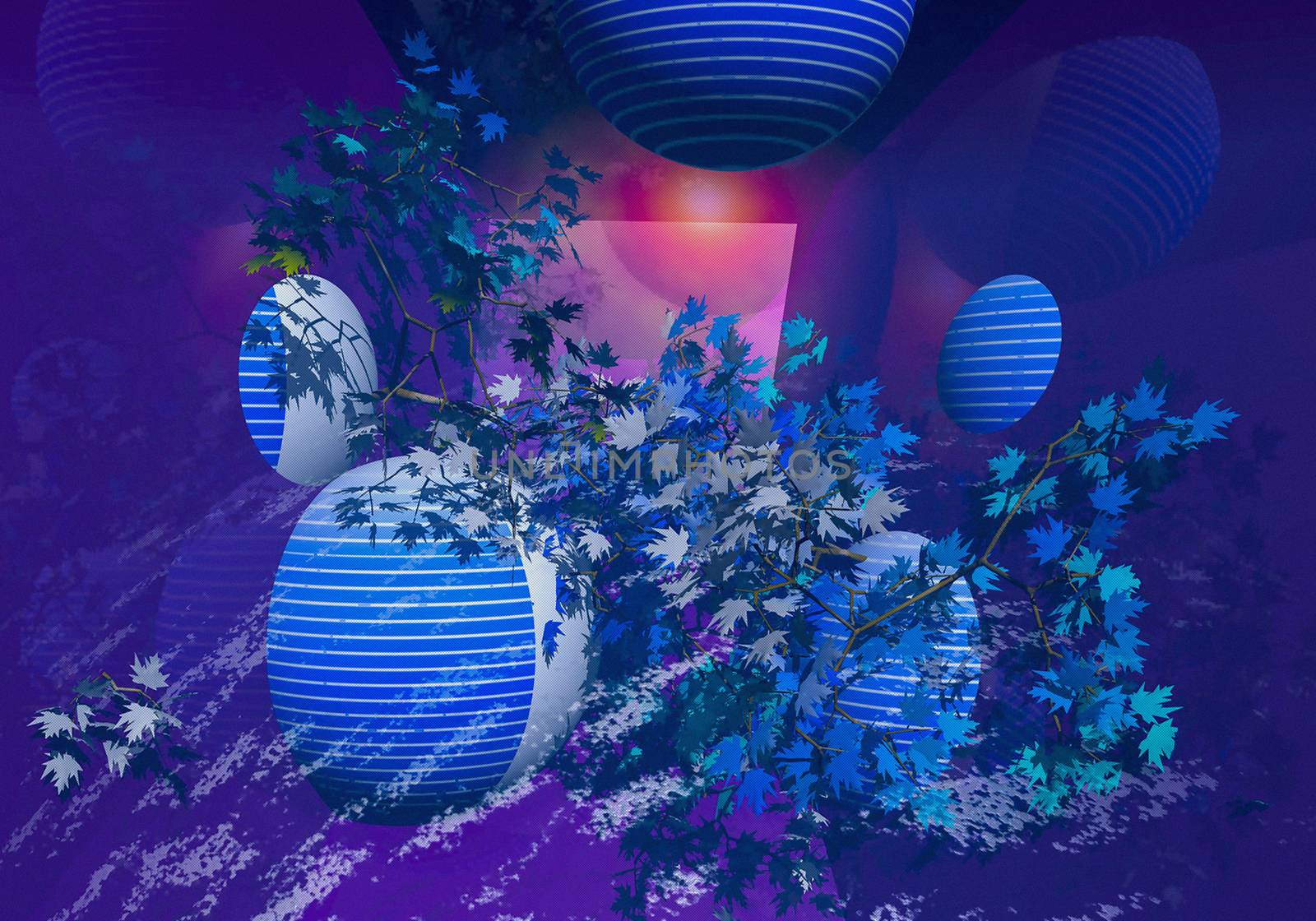 3d image of abstract textured scene, using decorative branches and objects