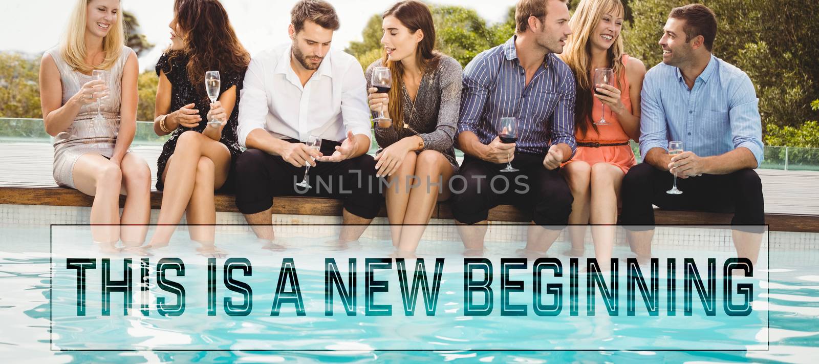 Motivational new years message against young people sitting by swimming pool