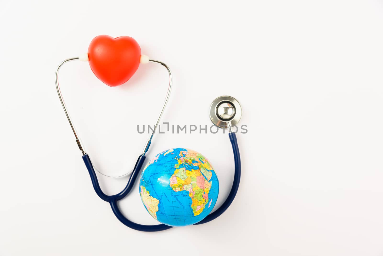 World health day concept, Stethoscope, globe and red heart on white background with copy space. Global health care