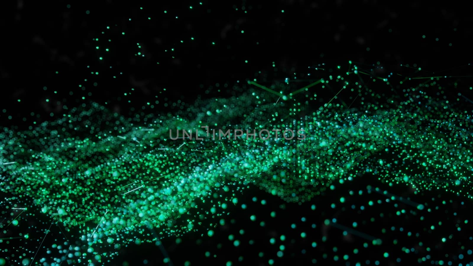 Plexus of abstract glow dots on a black background. Loop animations. 3D illustration