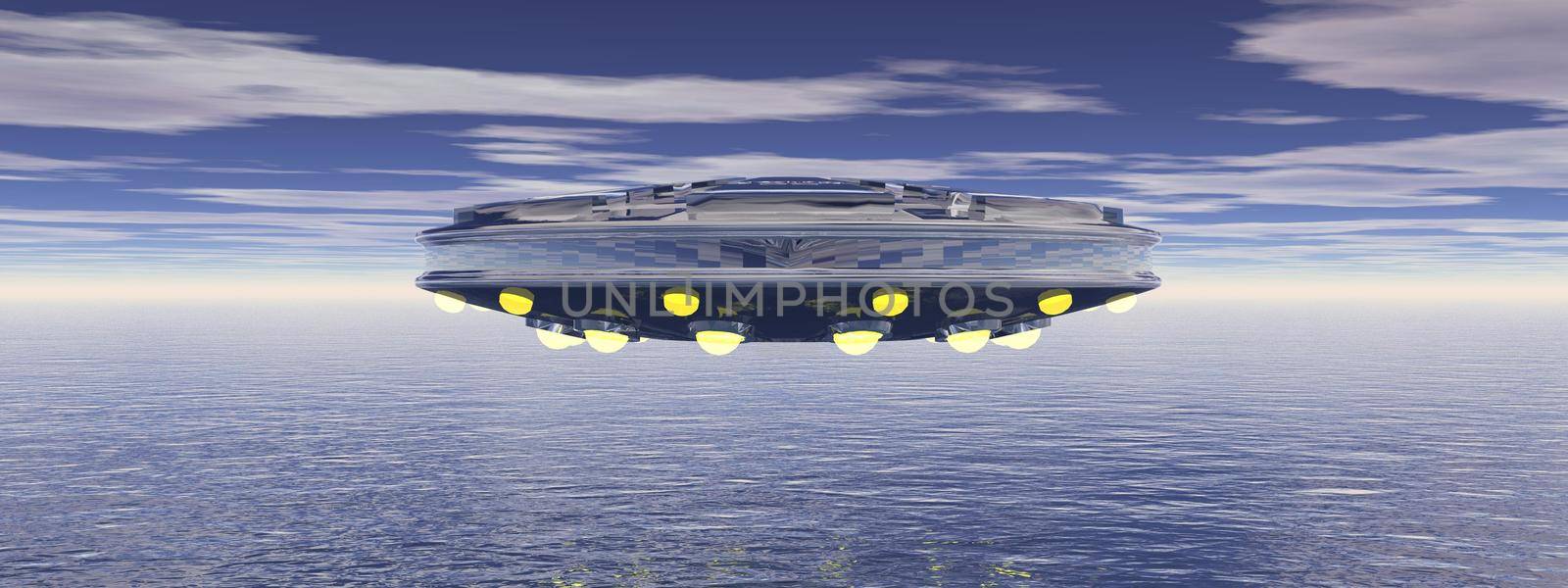 very large flying saucer in the sky and clouds - 3d rendering