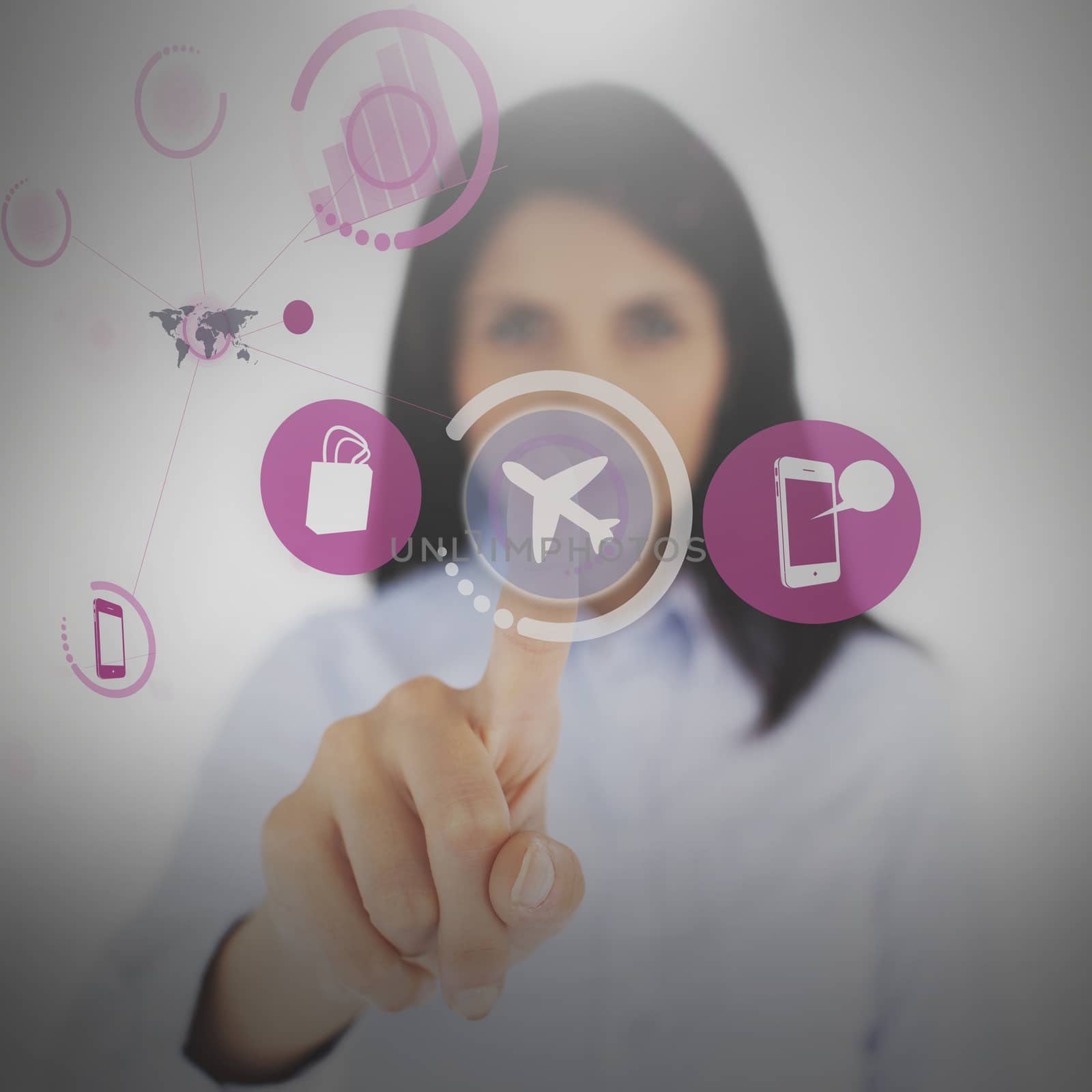 Businesswoman selecting airplane symbol from digital hologram menu