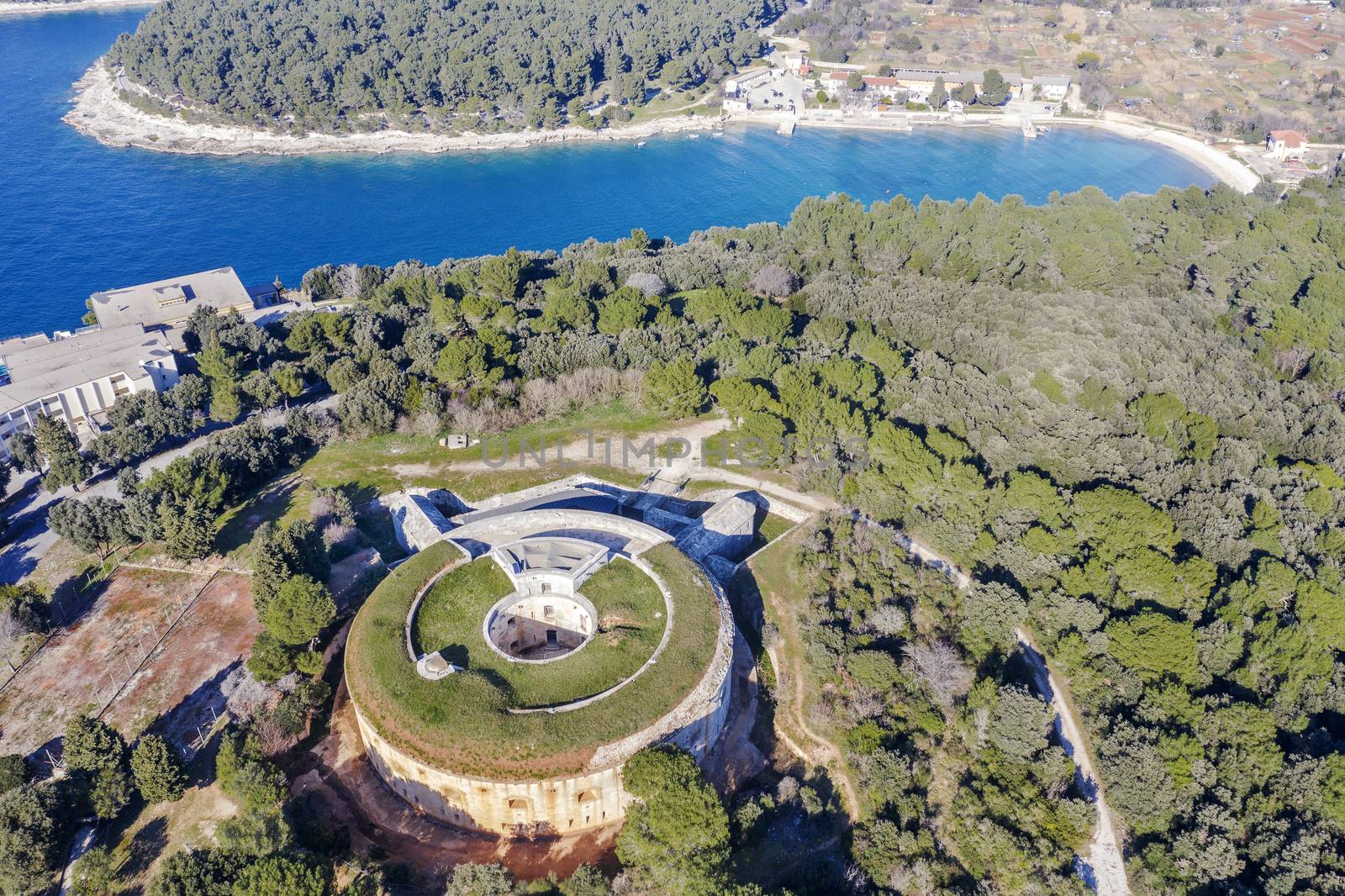aerial view of Fort Bourguignon, a fortress built during the Austrian Empire, in the background  Valsaline bay, Pula, Istria, Croatia