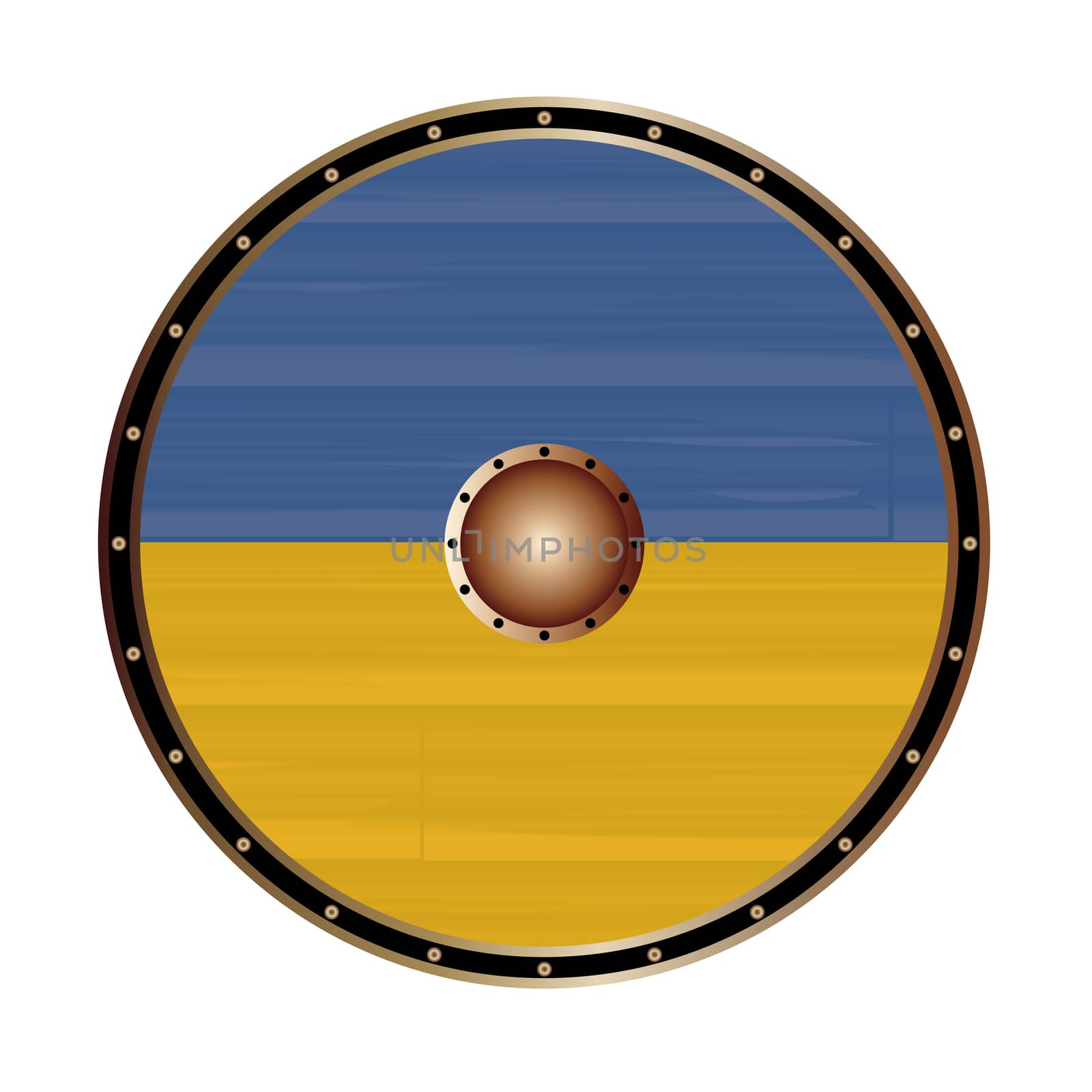 A Viking style round shield with the Ukraine flag color design isolated on a white background