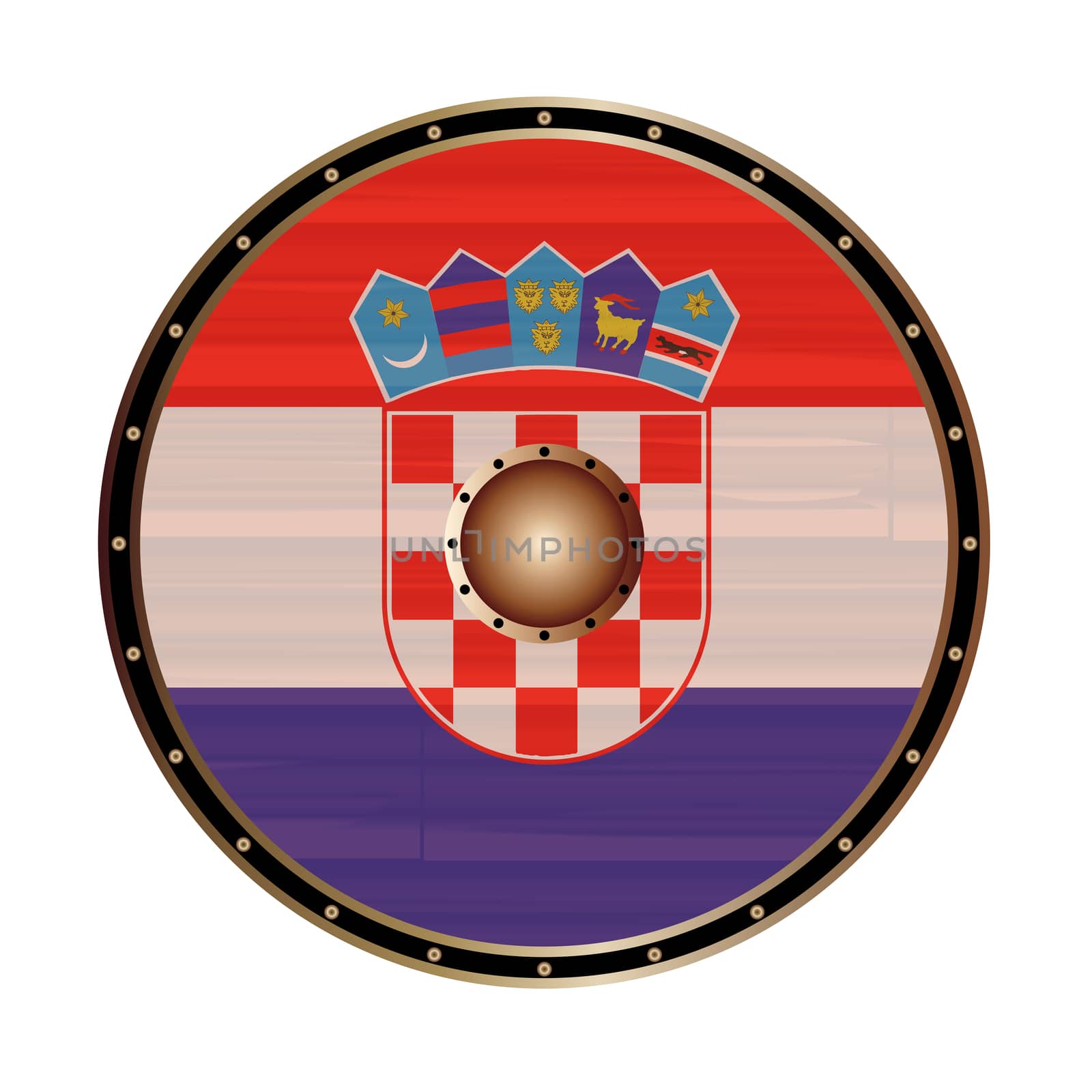 A Viking style round shield with the Croatian flag color design isolated on a white background