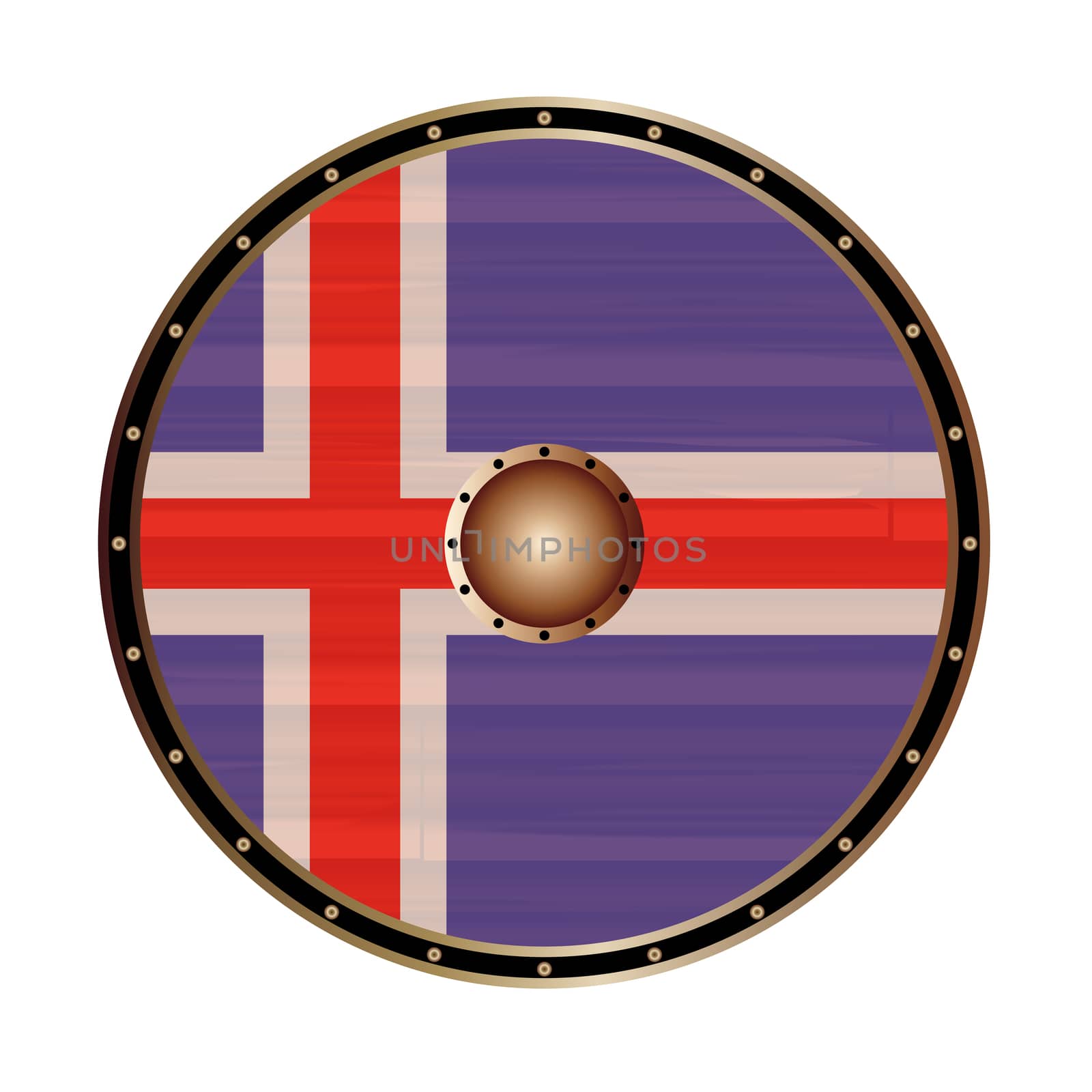 A Viking style round shield with the Iceland flag color design isolated on a white background