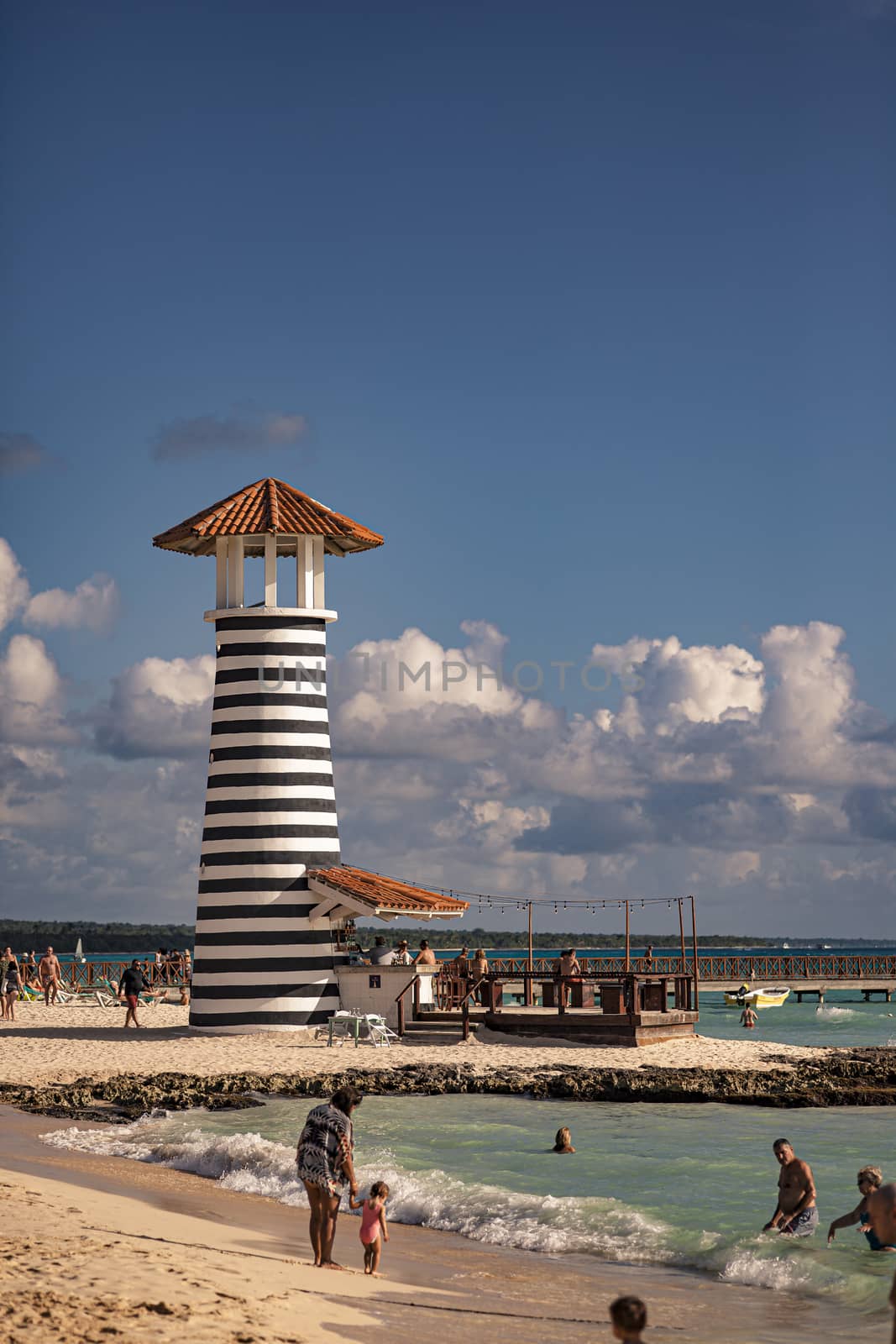 DOMINICUS, DOMINICAN REPUBLIC 6 FEBRAURY 2020: View of Dominicus beach near Bayhaibe with the lighthouse taken in the sunset hours