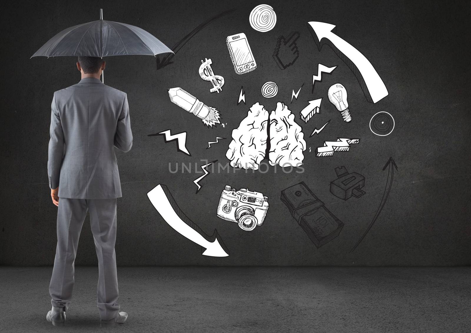 Rear view of businessman standing with umbrella against connecting and communication icons