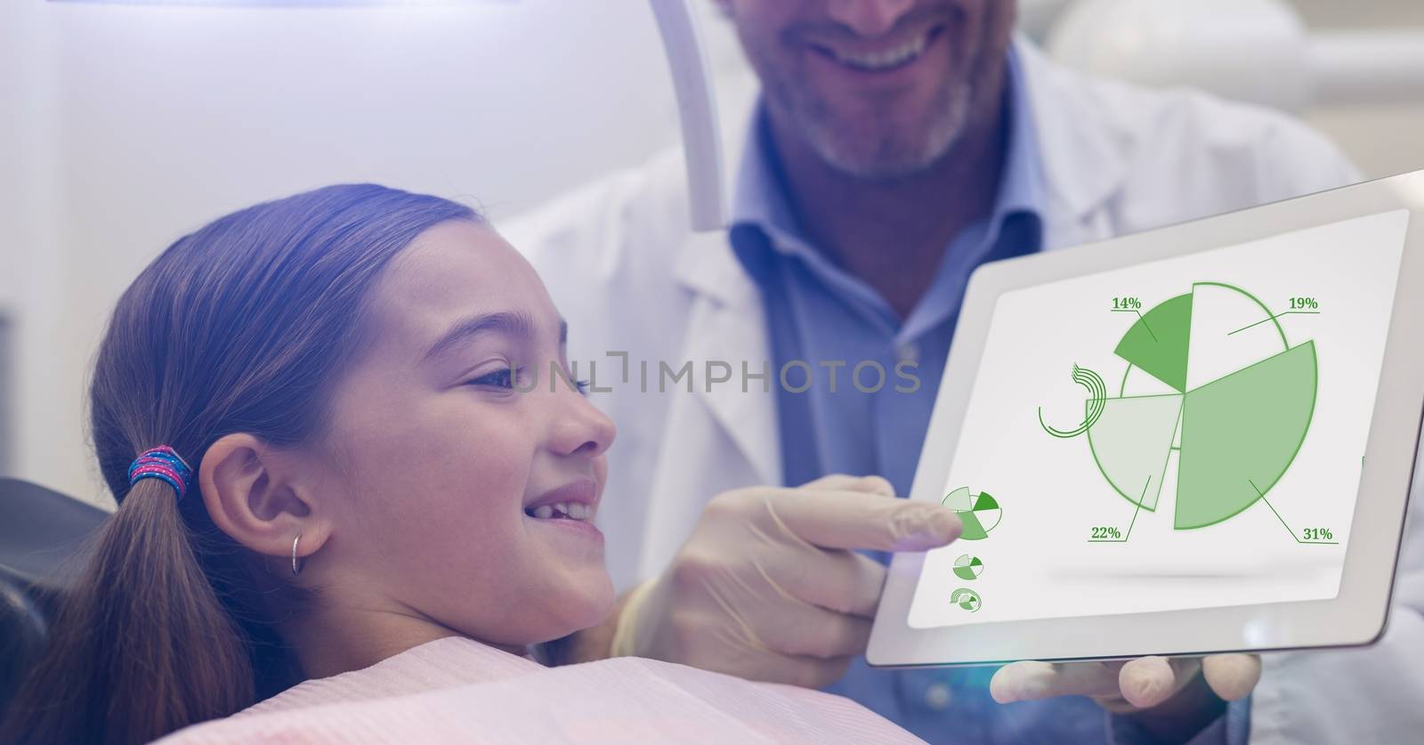 Digital composite of Little girl looking at tablet at the dentist 