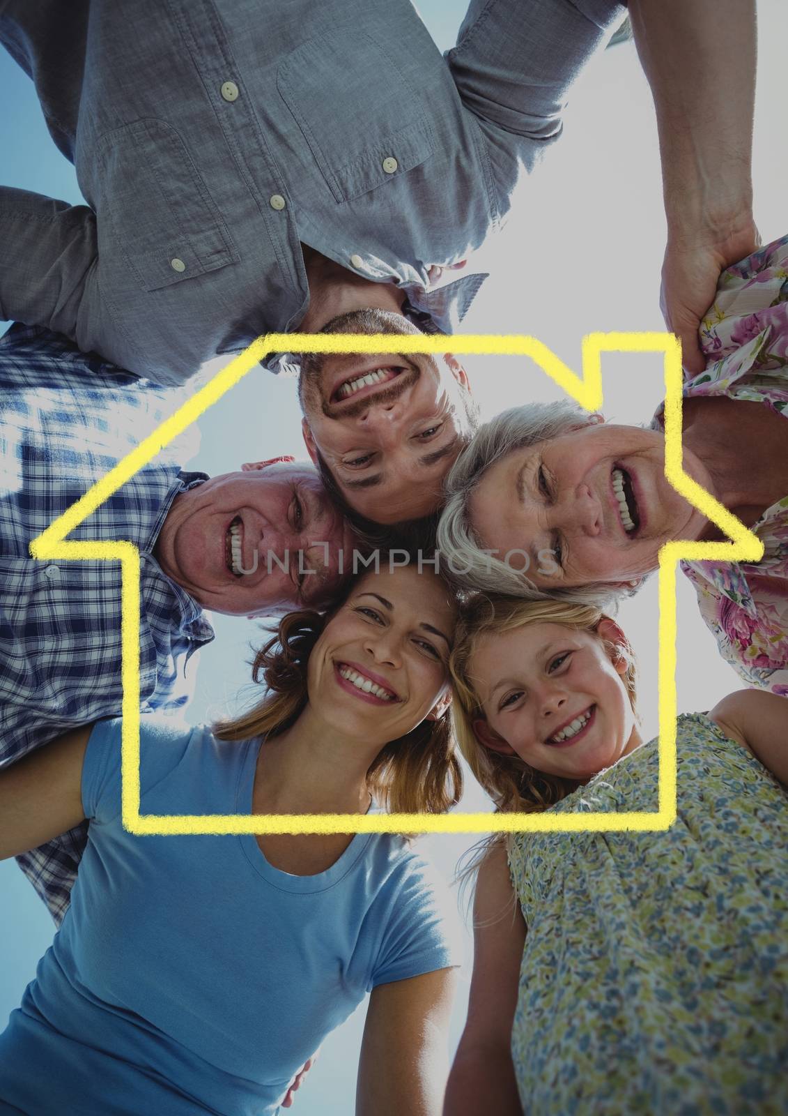 Happy family forming huddle above outline house by Wavebreakmedia