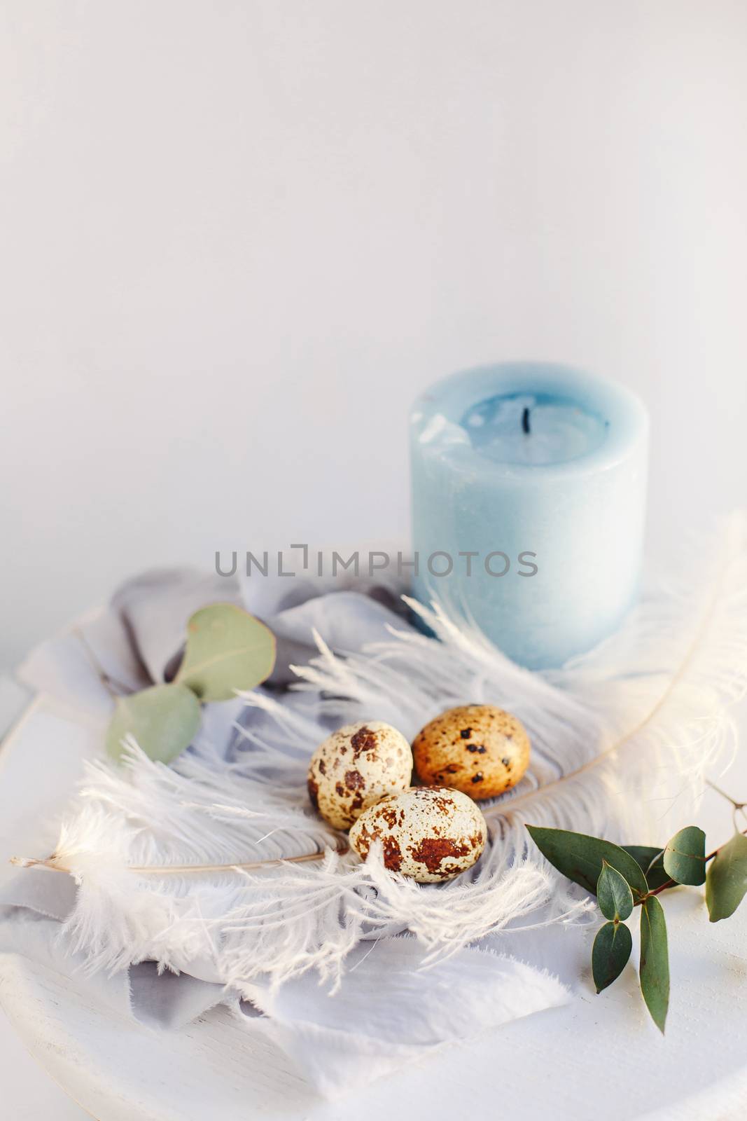 Easter eggs with white feather on white and gray background. Copy space. Happy Easter holiday, front and top view.