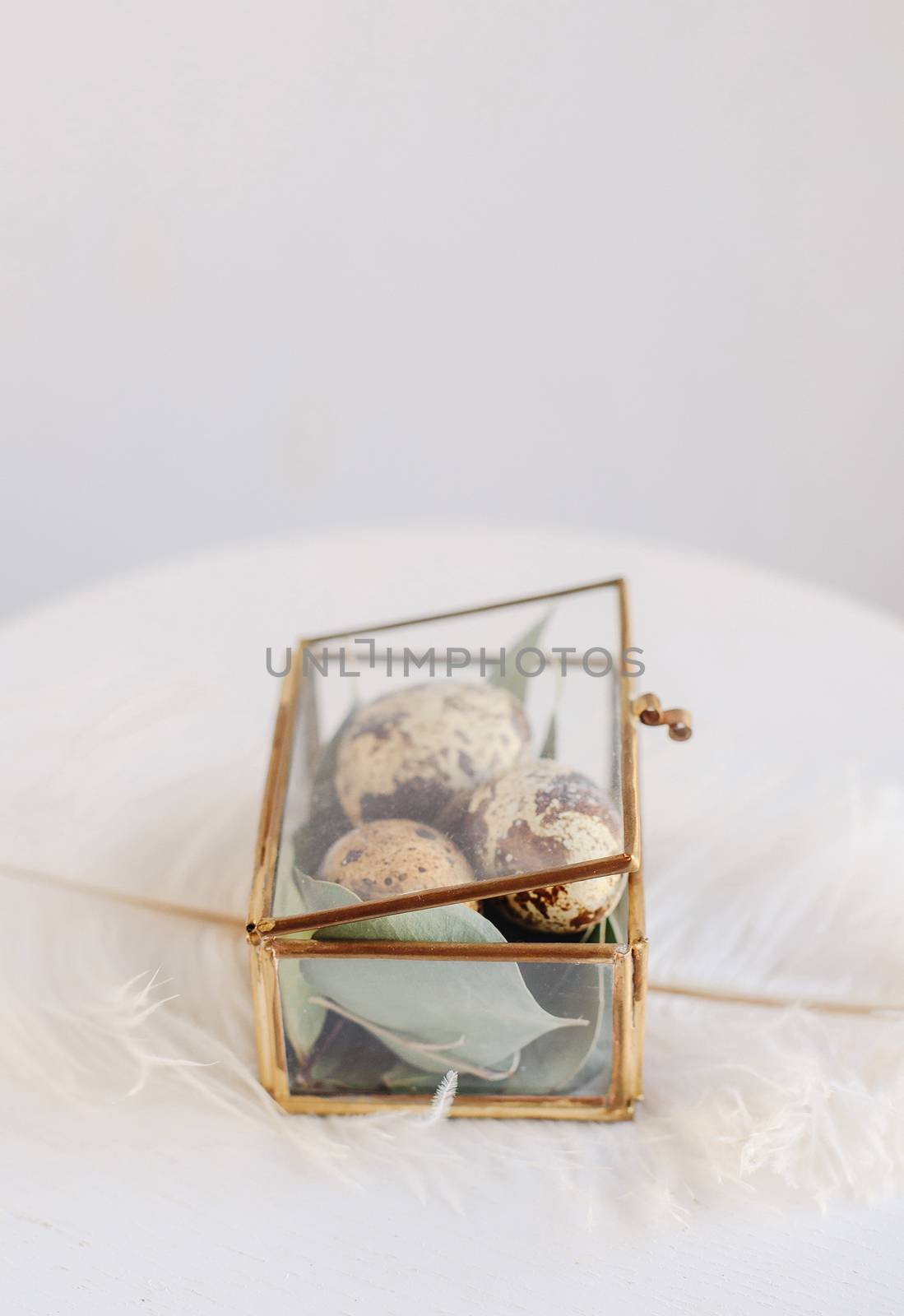 Easter composition. Easter eggs in a glass box on a white and gray background. Greeting card with space for text.