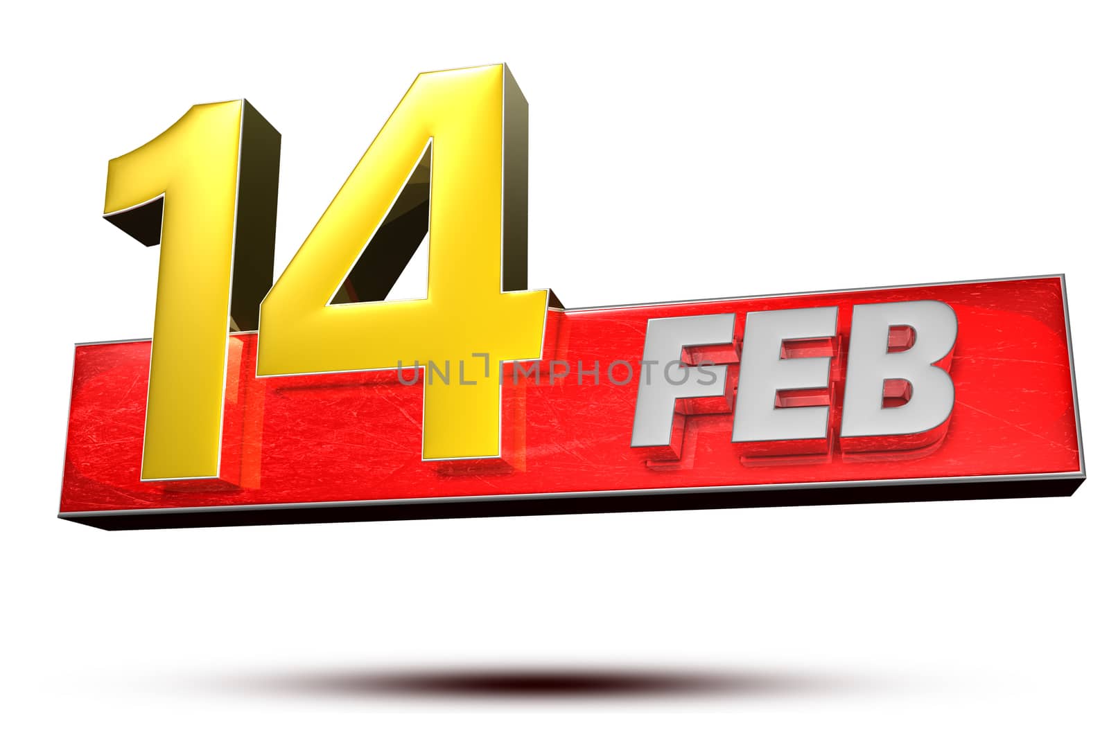 3D illustration February 14 isolated on a white background.(with Clipping Path).
