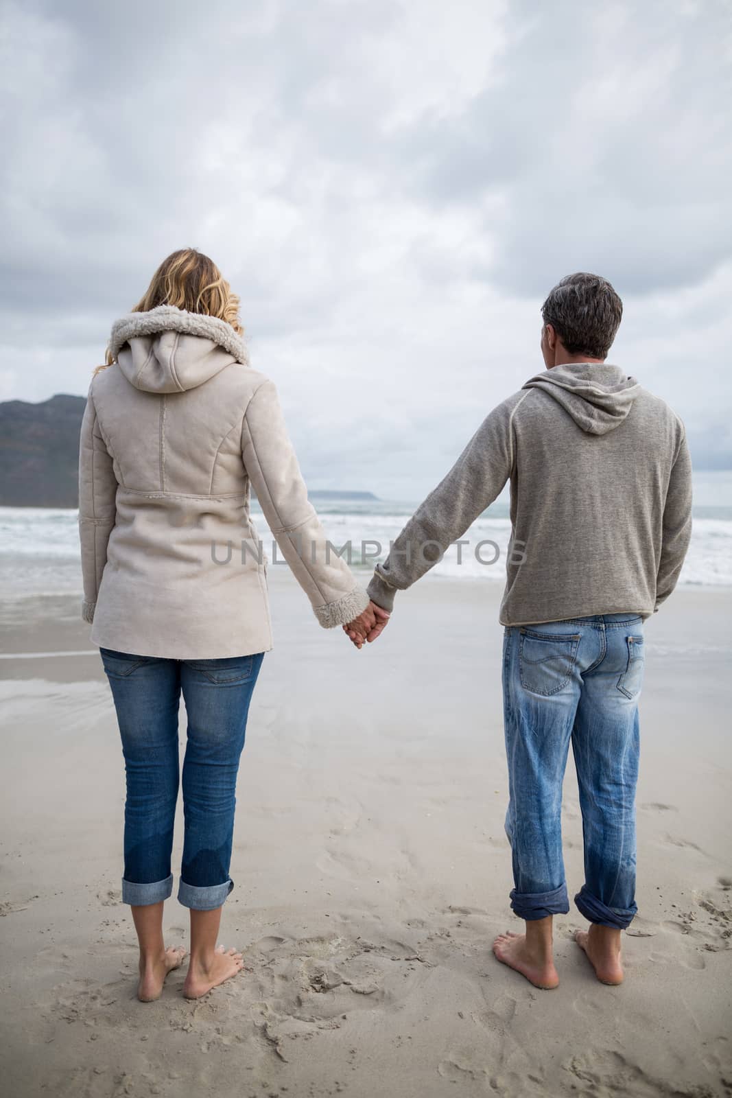 Rear view of standing with couple holding hands on the beach