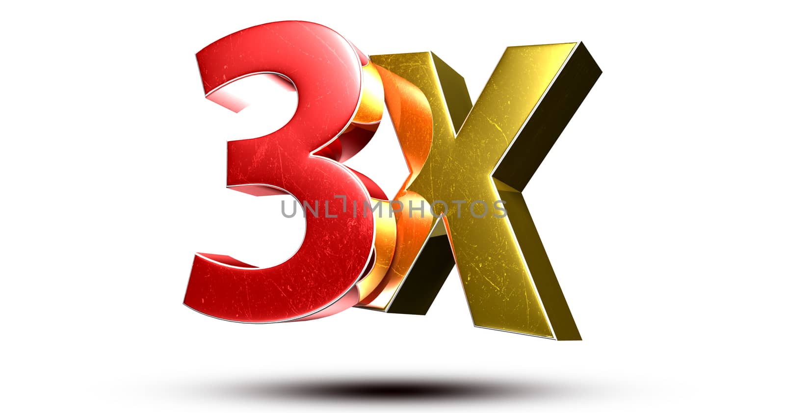 3D illustration 3X red gold isolated on a white background.(with Clipping Path).